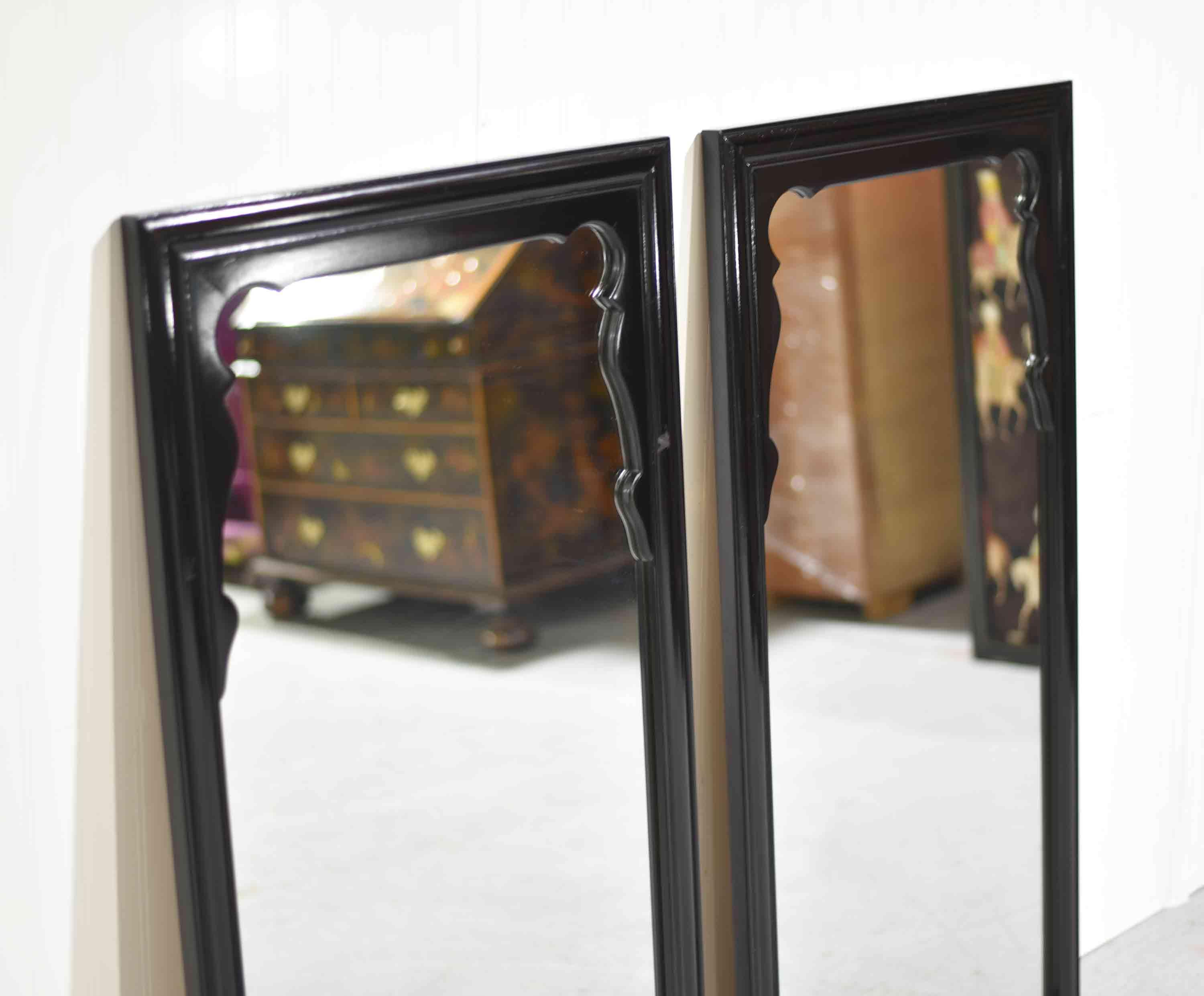 Mid Century Chinoiserie Black Lacquer Mirrors by Raymond Sobota for Century Furniture Chin Hua Collection - A Pair