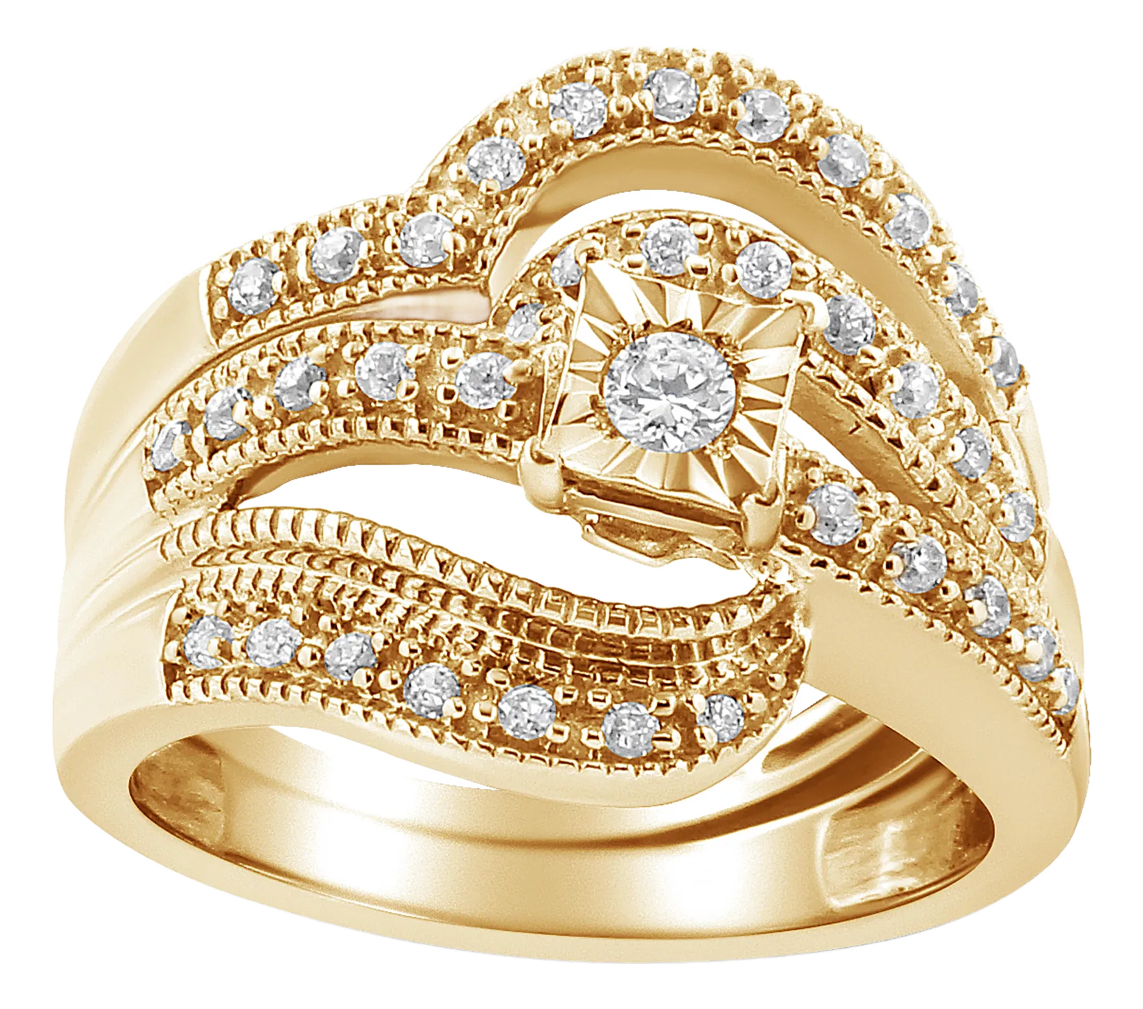 14K Yellow Gold Plated .925 Sterling Silver 1/3 Cttw Round Diamond Crisscross Engagement Ring Bridal Set (H-I Color, I1-I2 Clarity ) - Size 5