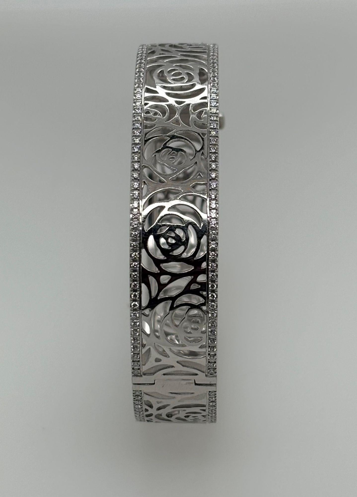 Chanel Camellia 18k White Gold Ajoure Bracelet With Diamonds