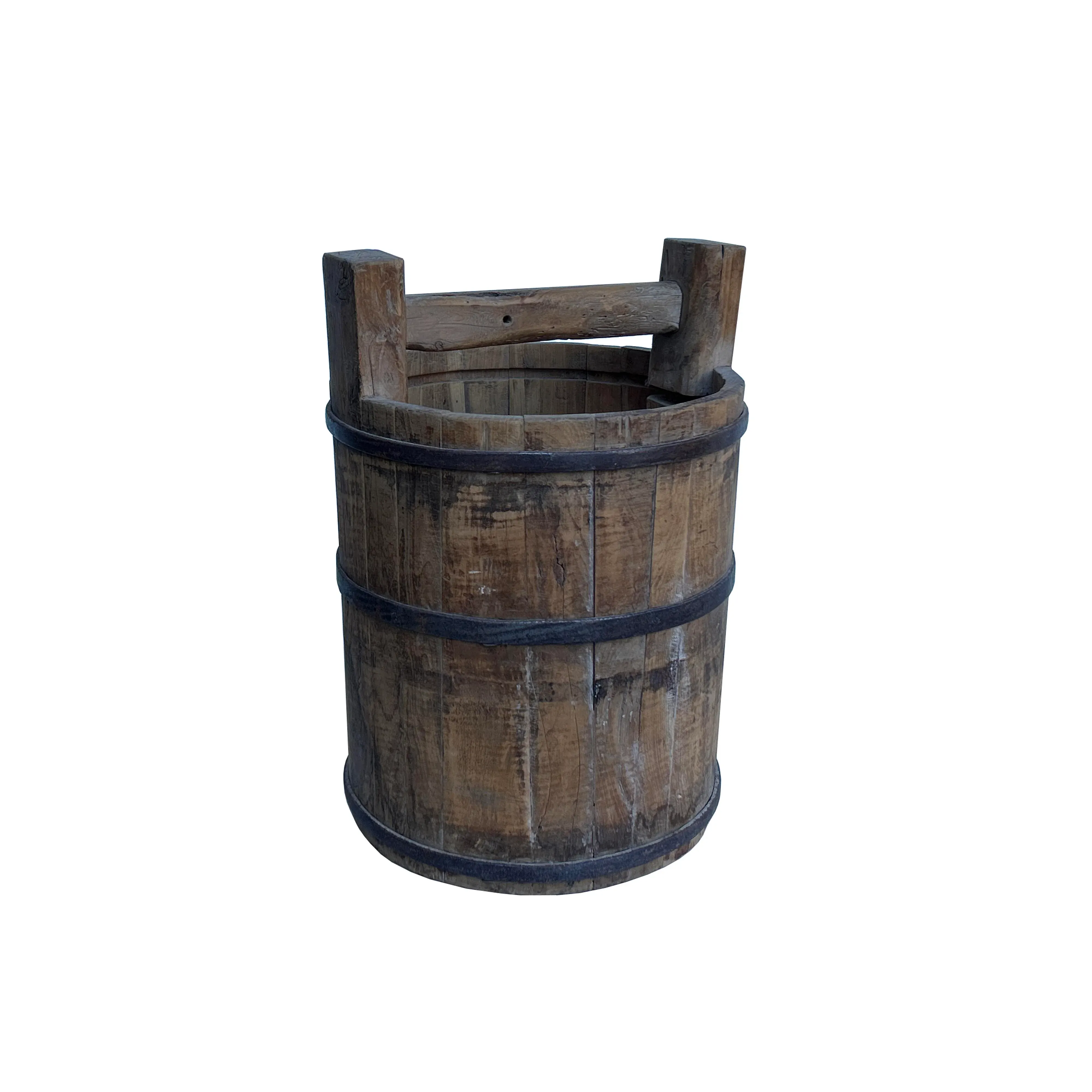 Vintage Rustic Raw Tan Round With Handle Wood Bucket