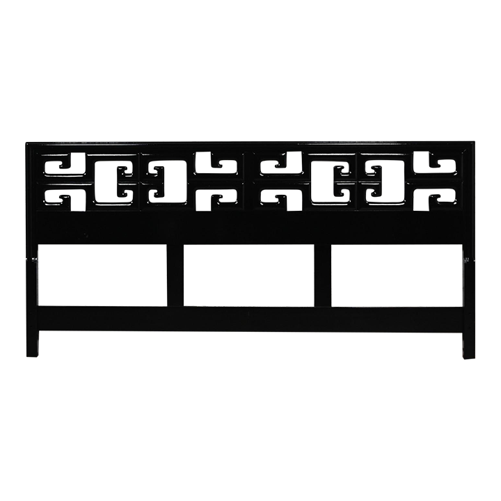 Mid-20th Century Chinoiserie Hollywood Regency King Headboard Greek Key Meander Fretwork Black Painted Hardwood