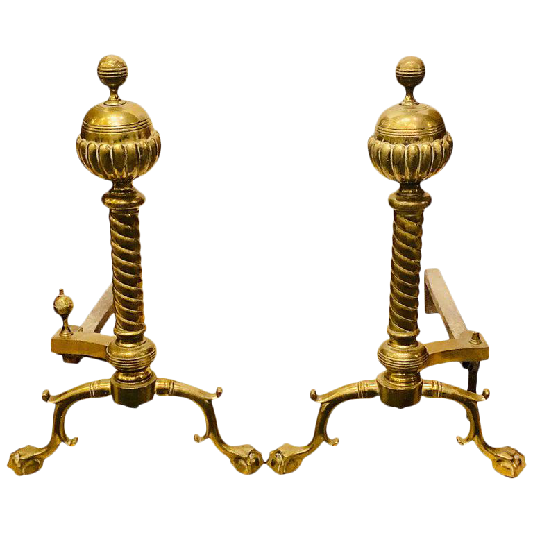 Pair of Brass Andirons Circa 1880 Ball and Claw Feet of Twisted Column