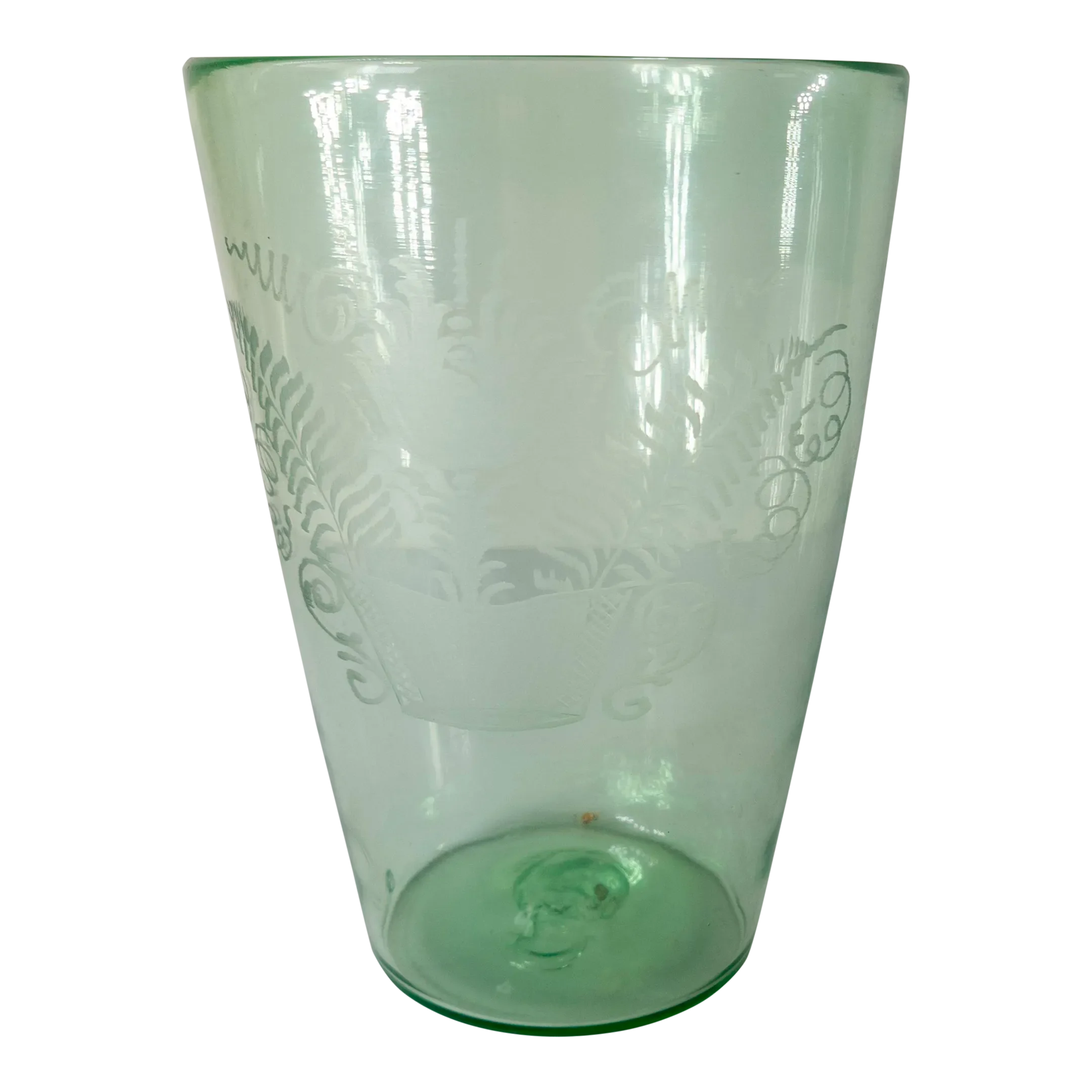 19th Century Hand Blown and Etched Glass Beaker Vase With Flowers Chairish