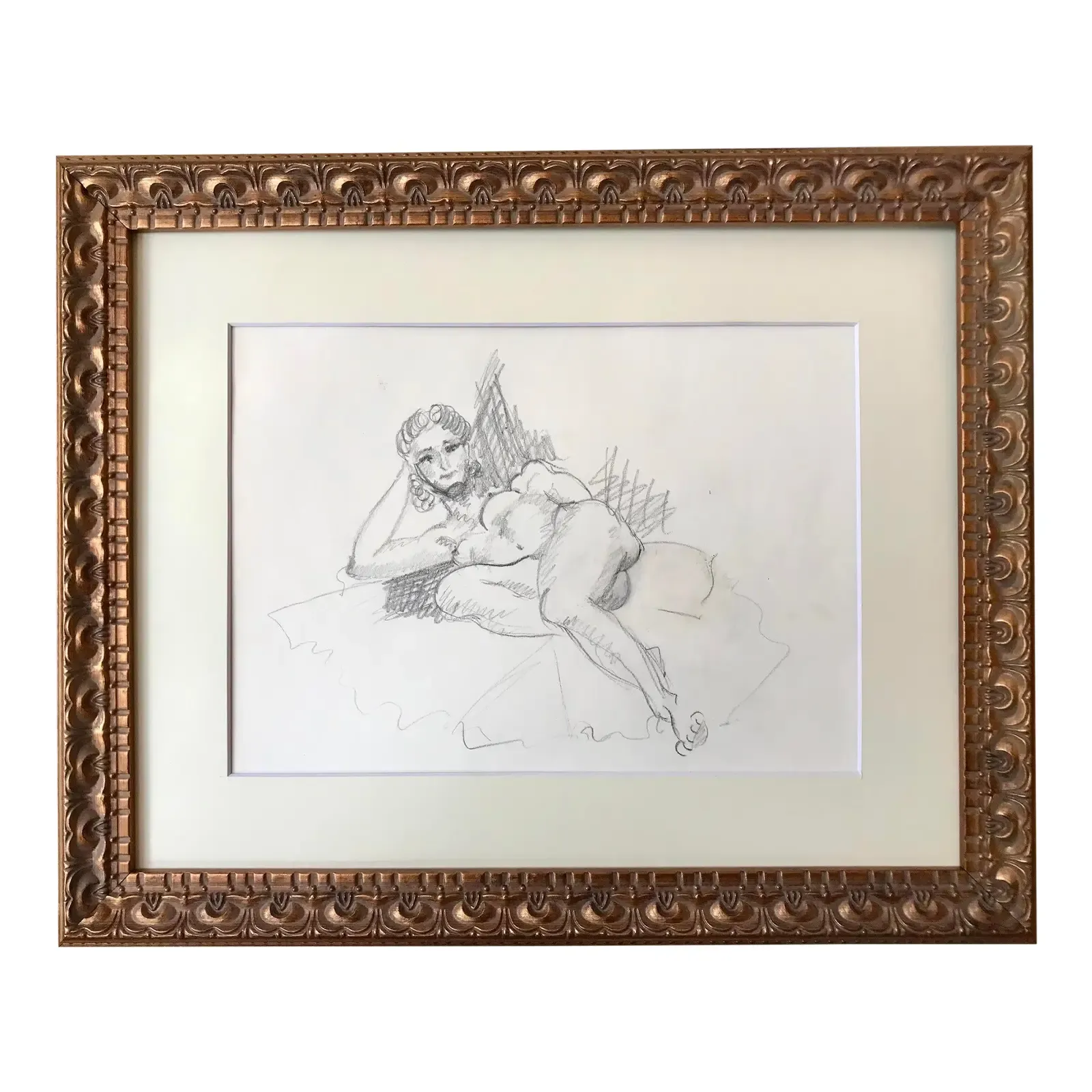 Vintage Original Drawing Reclining Seated Nude Woman C.1950
