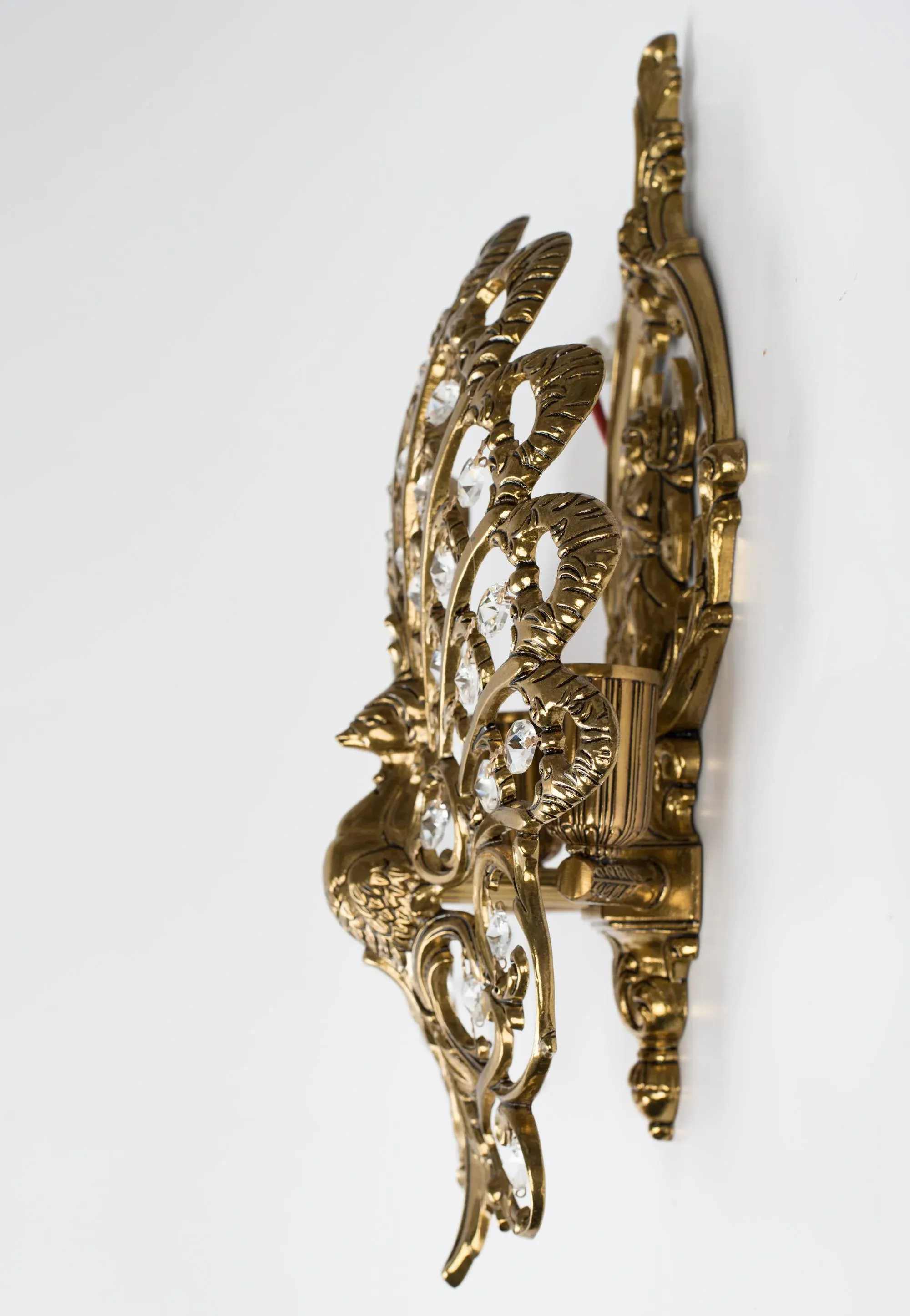 1960s Brass Peacock Sconces With Diamond-Shaped Crystals - a Pair