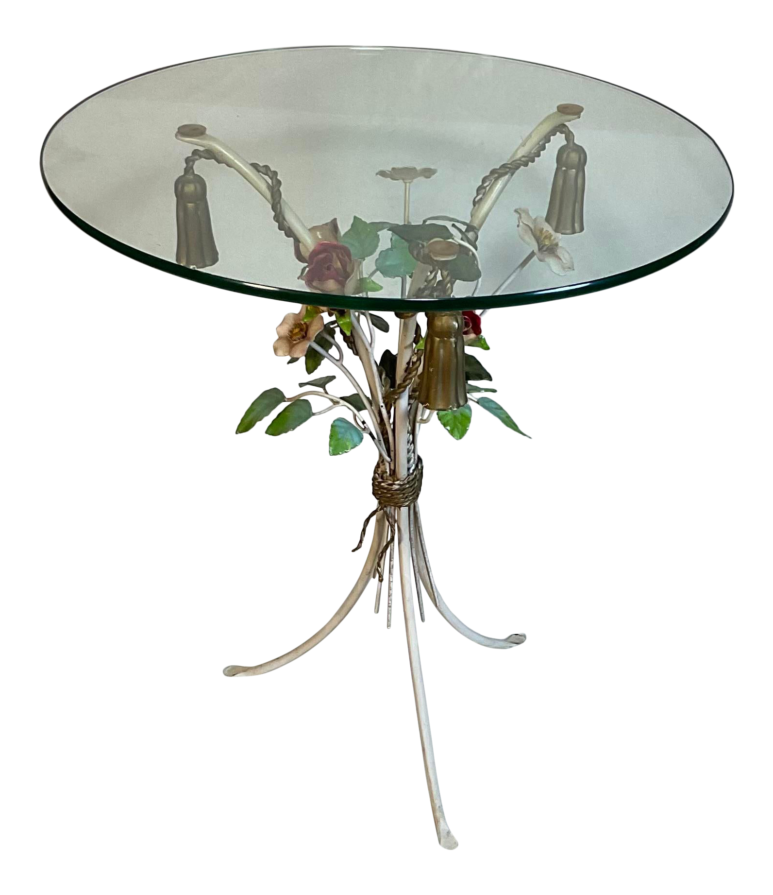 Vintage Hollywood Regency Italian Gilt Iron Glass Top Side Table