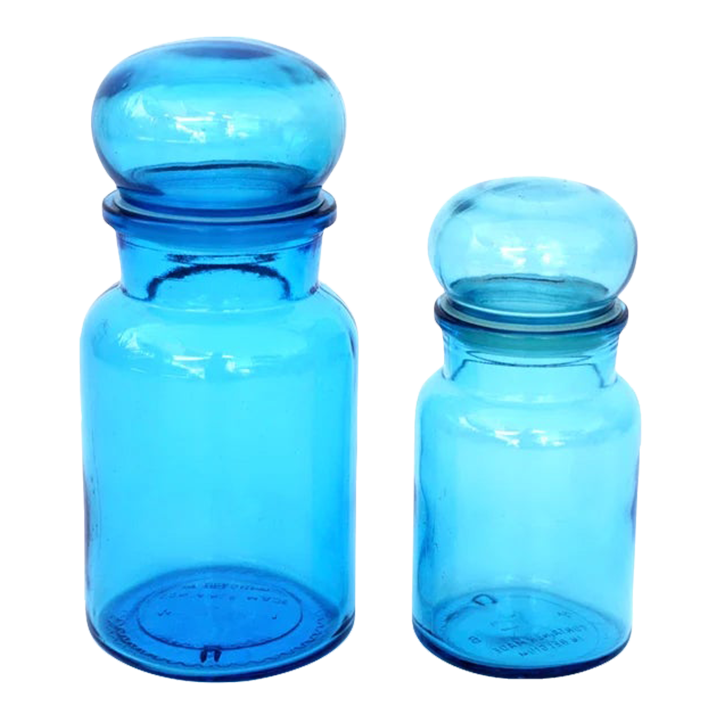 Vintage Turquoise Glass Apothecary / Pharmacy Jars with Air Tight Bubble Lids, Made in Belgium - Set of 2 | Chairish Vintage Turquoise Glass Apothecary / Pharmacy Jars with Air Tight Bubble Lids, Made in Belgium - Set of 2 | Chairish