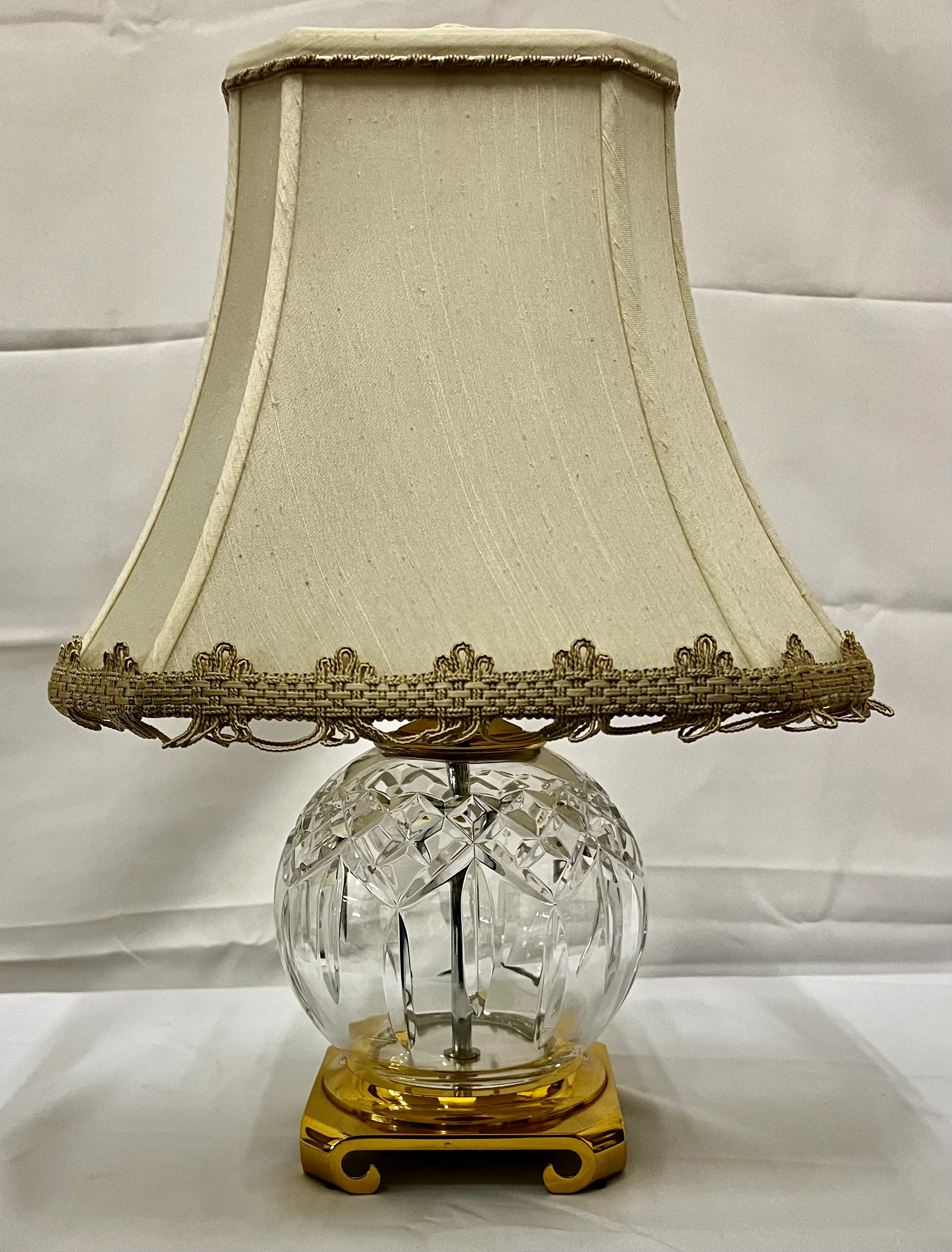 Waterford “Lismore” Round Cut Crystal Table Lamp-Customized Shade, Brass  Base, image size:2105x2767