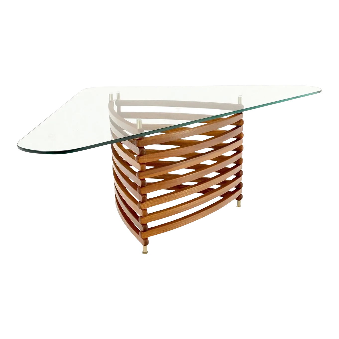 Danish MidCentury Modern Teak Slats Triangular Base Glass Top Coffee