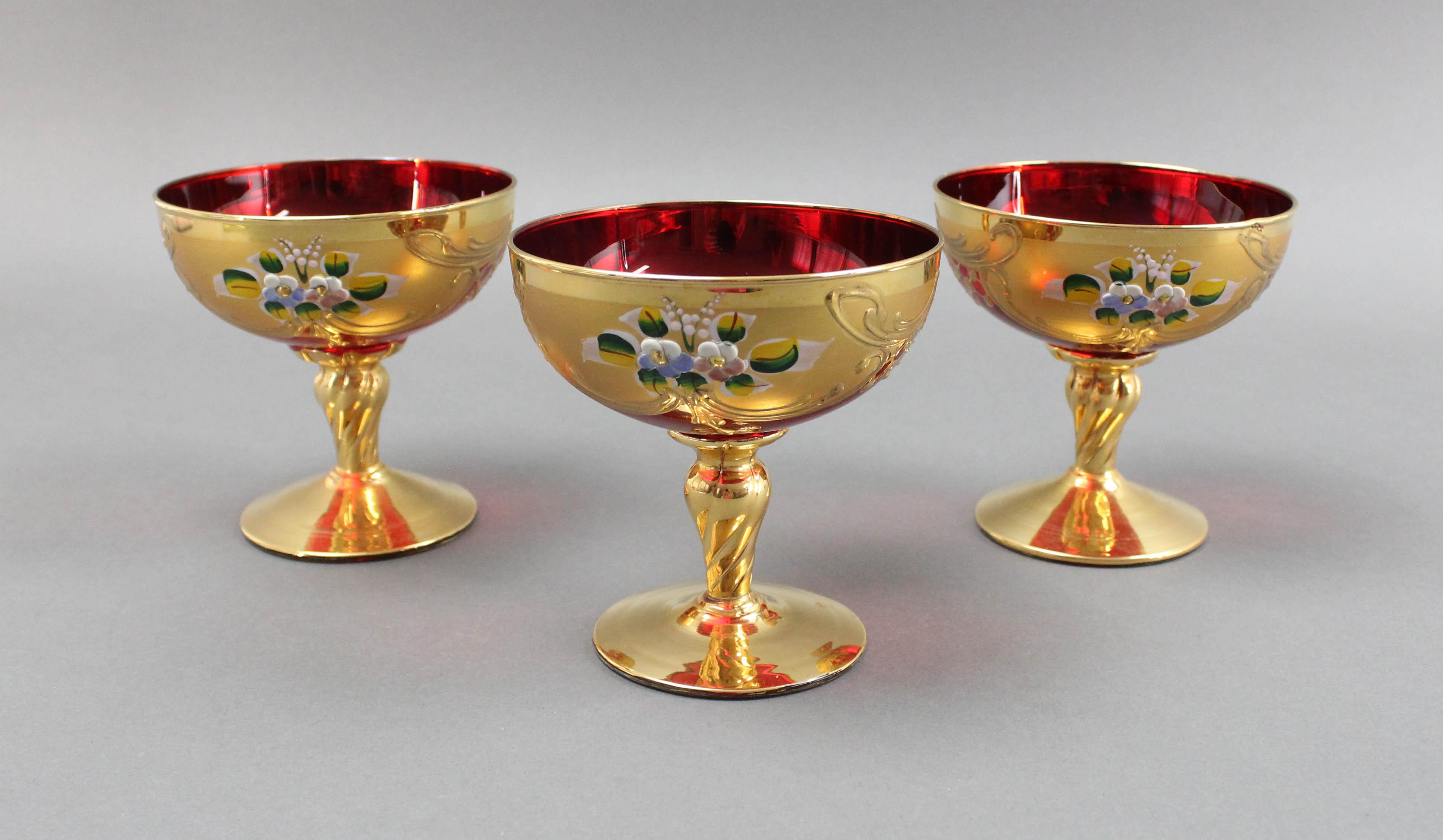 Vintage Tre Fuochi Venetian Murano Glass Ruby Red 24k Gold Floral 