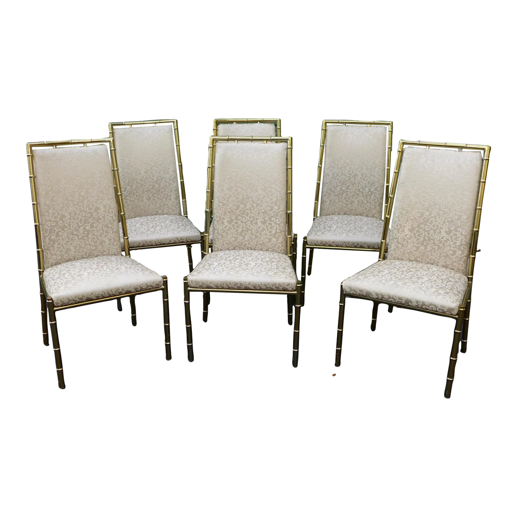 1960s Vintage Gold Faux Bamboo Metal Dining Chairs in White