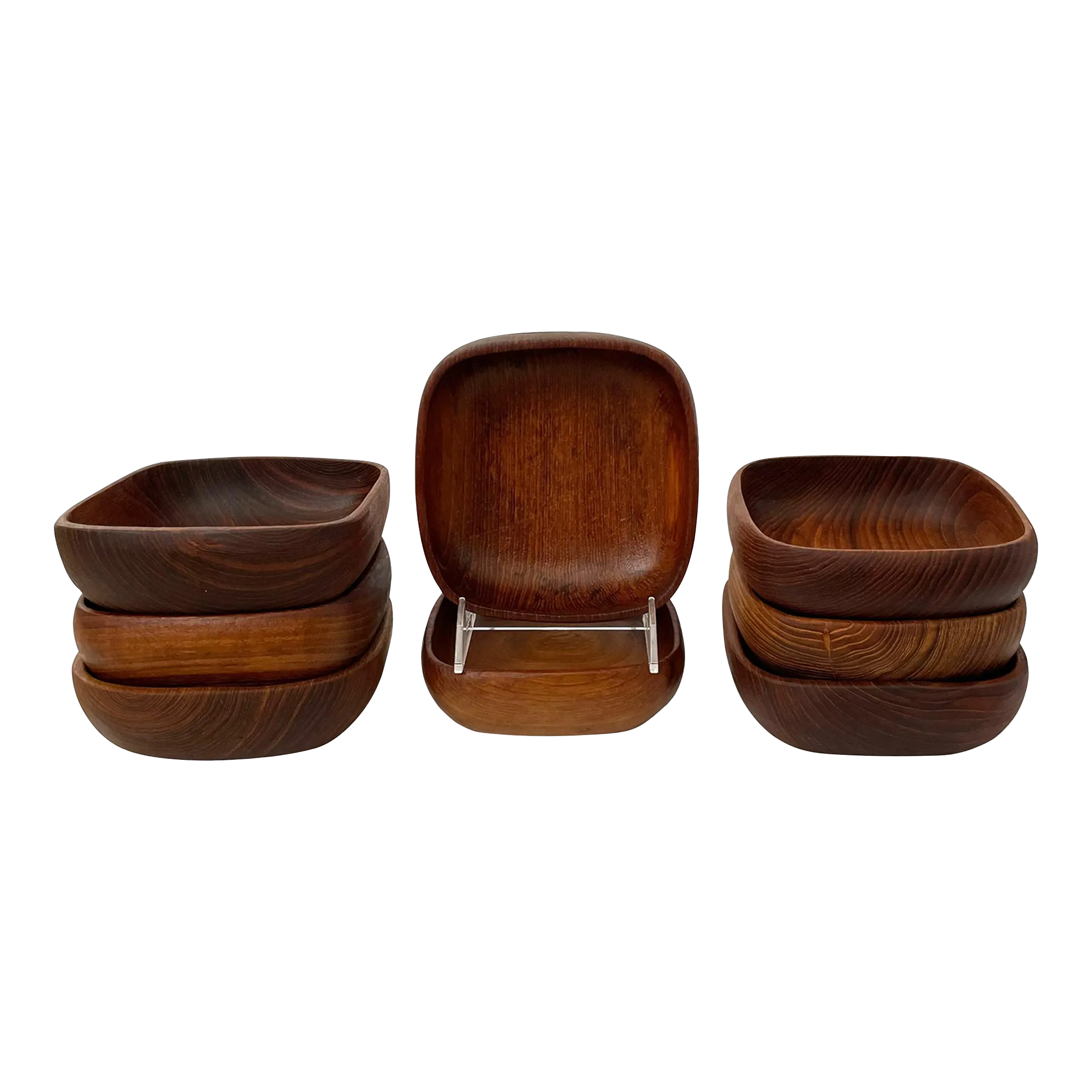 Vintage Hand Carved Square Teak, Wood Salad, Bowls, Set of 8, Made in