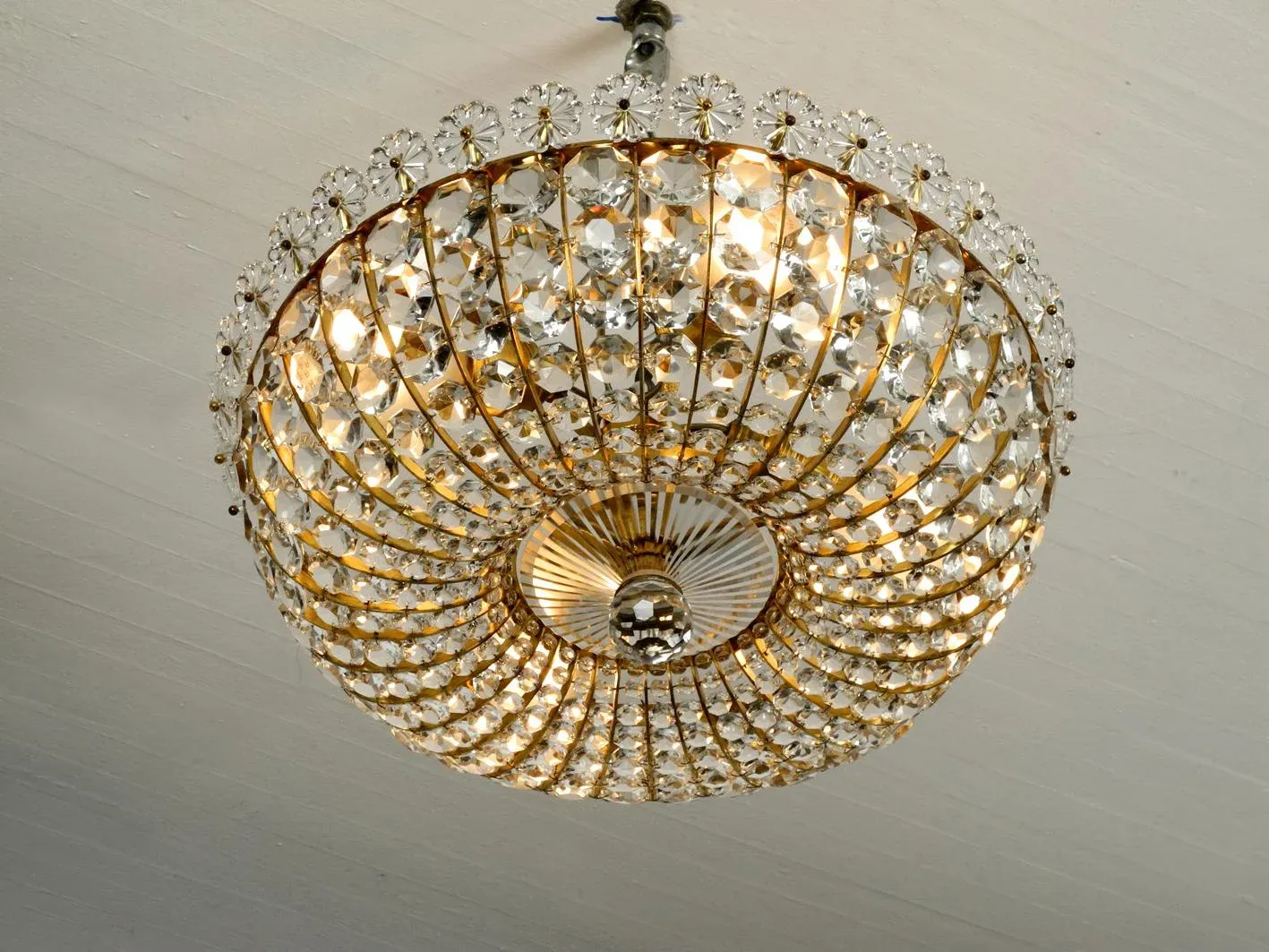 Mid-Century Modern Ceiling Lamp with Glass Stones and Brass Frame from the Vereinigten Werkstätten