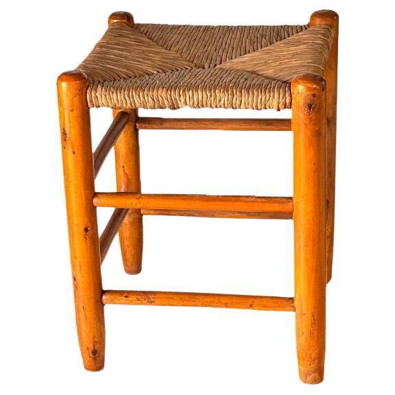 French Wood and Woven Straw Stool in the style of Charlotte Perriand, 1950s