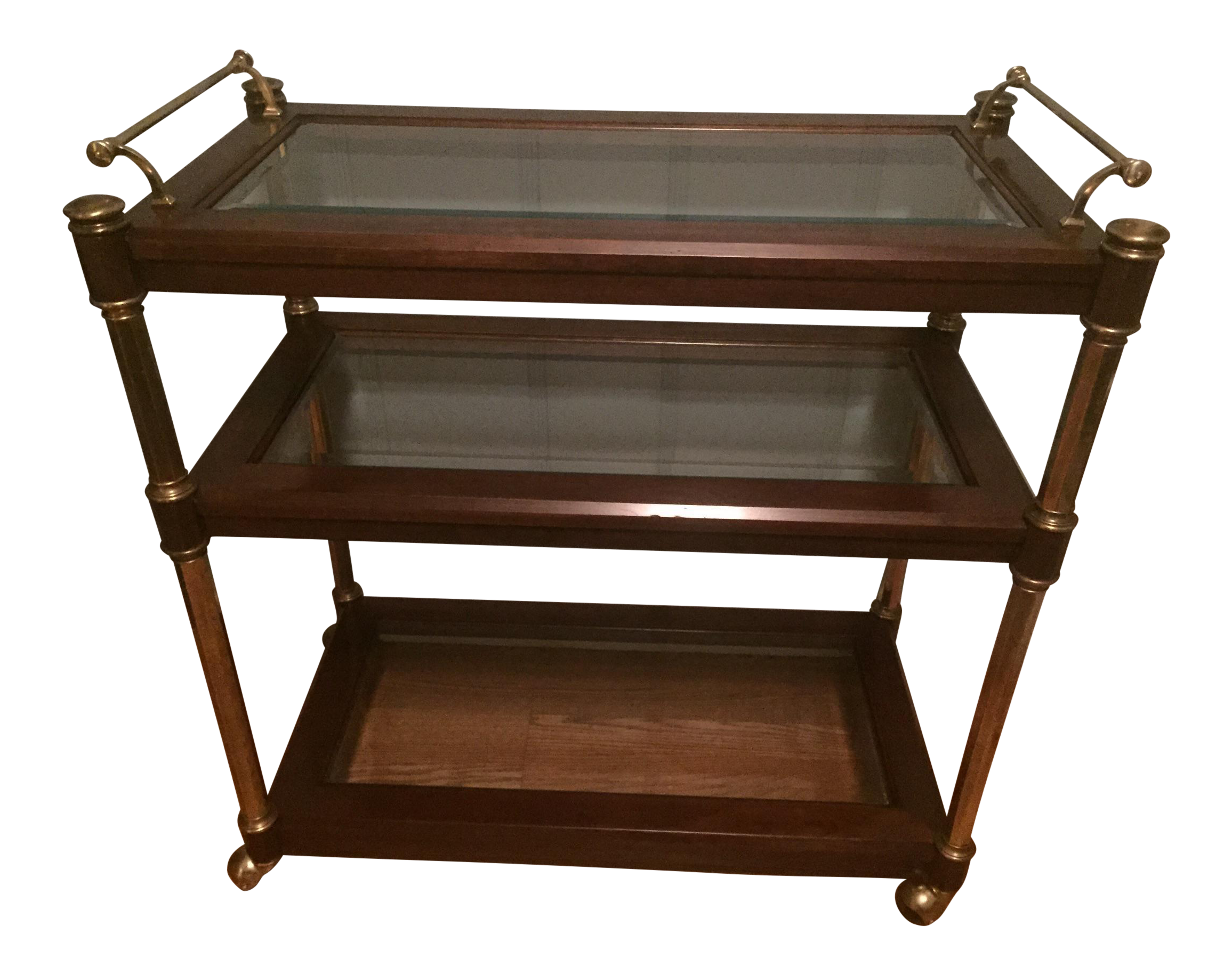 Hollywood Regency Walnut & Brass 3 Tier Bar Cart Server Chairish