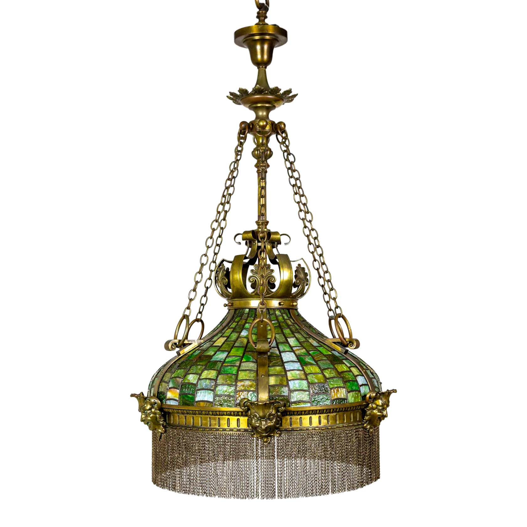 Skraldespand Overholdelse af Udfør 19th Century Victorian Art Nouveau Green Slag Glass & Brass Mascaron Pendant  Light With Chain Fringe | Chairish