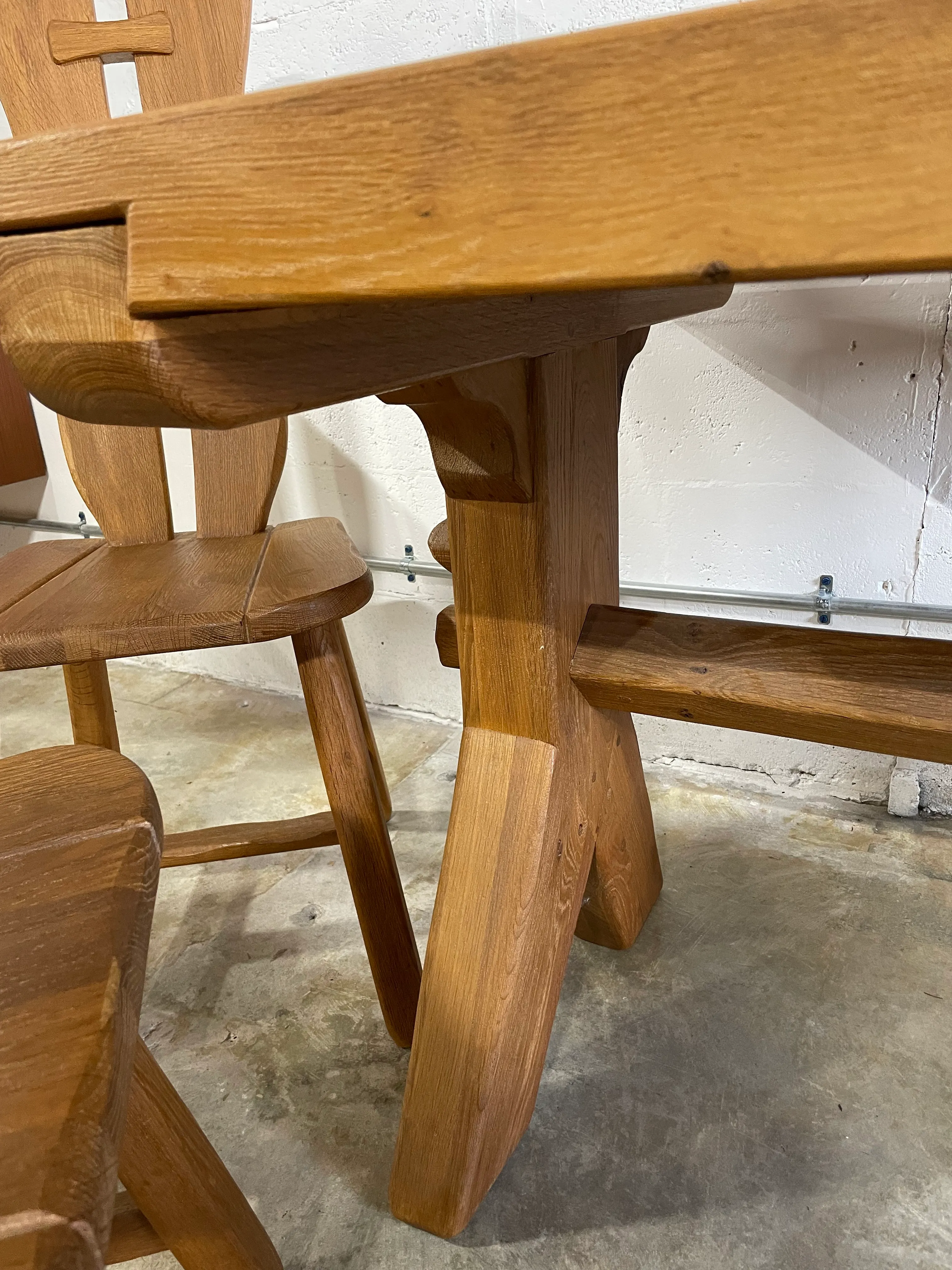 De Puydt Oak Brutalist Primitive Dining Chairs and Table Set