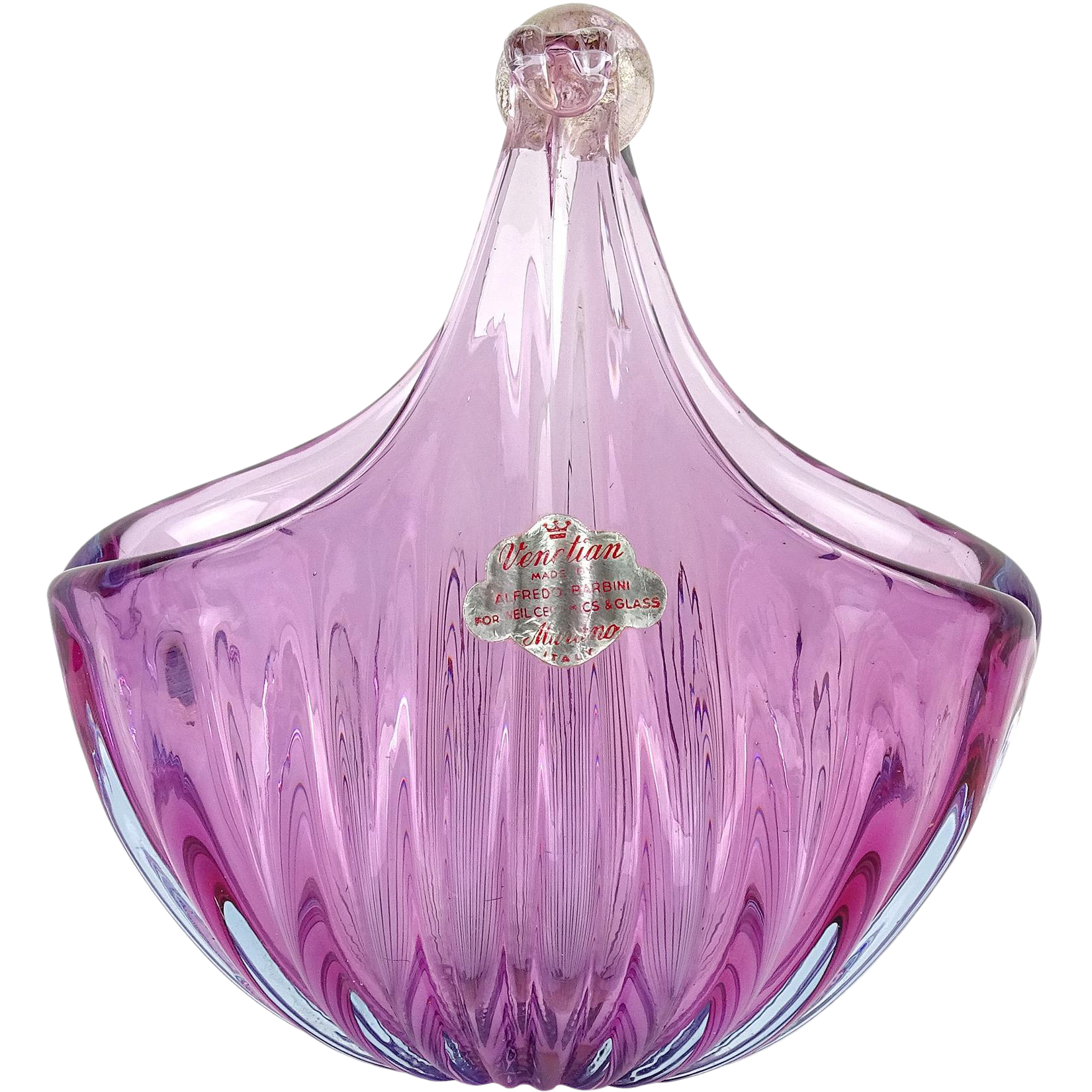 Alfredo Barbini Murano Purple Gold Flecks Italian Art Glass Flower Basket Vase Chairish