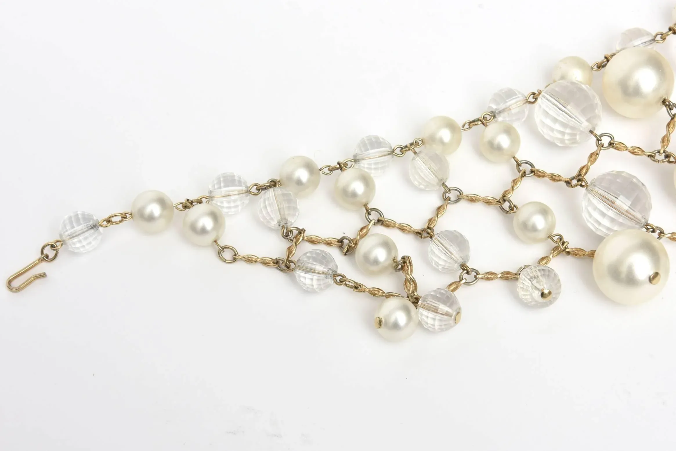 Vintage Faux Pearl, Faceted Lucite and Brass Bib Multi Strand Collar Necklace