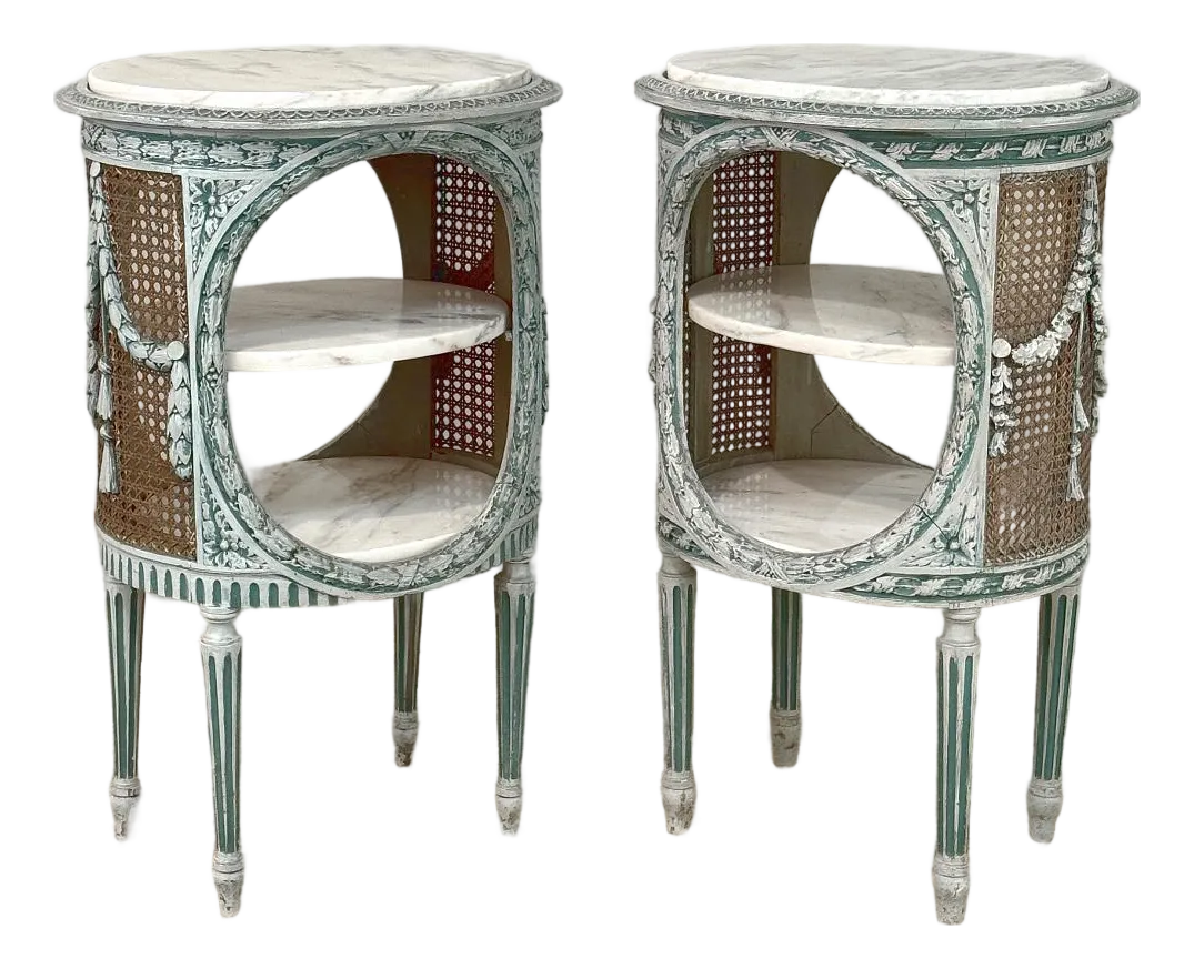 Pair 19th Century French Louis XVI Painted Oval End Tables With Marble
