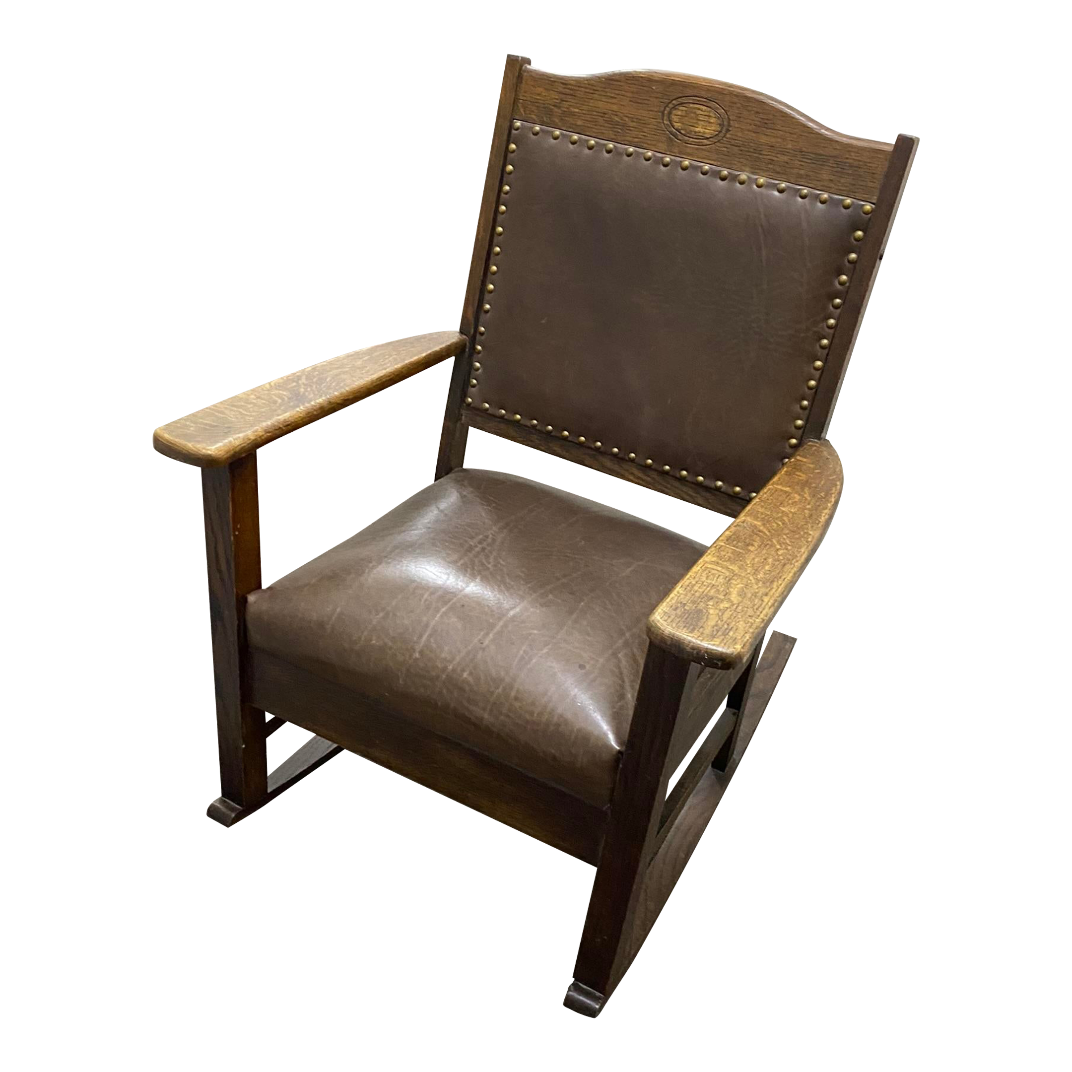 Antique Arts and Crafts Quarter Sawn Oak and Leather Rocking Chair