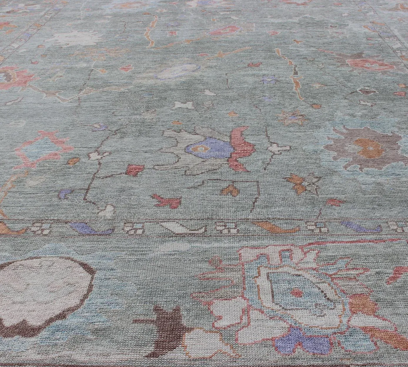 Large Turkish Oushak Reproduction Rug in Light Green Made With Hand Spun Fine Wool