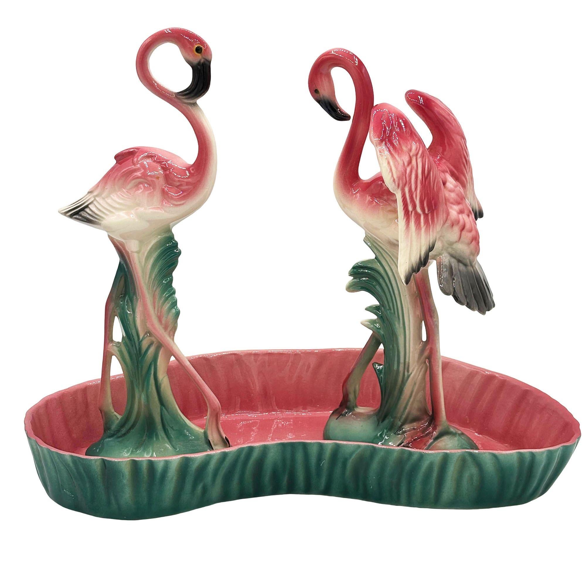 Mid-Century Ceramic Flamingo Figurine Set in Tropical Pond Tray by