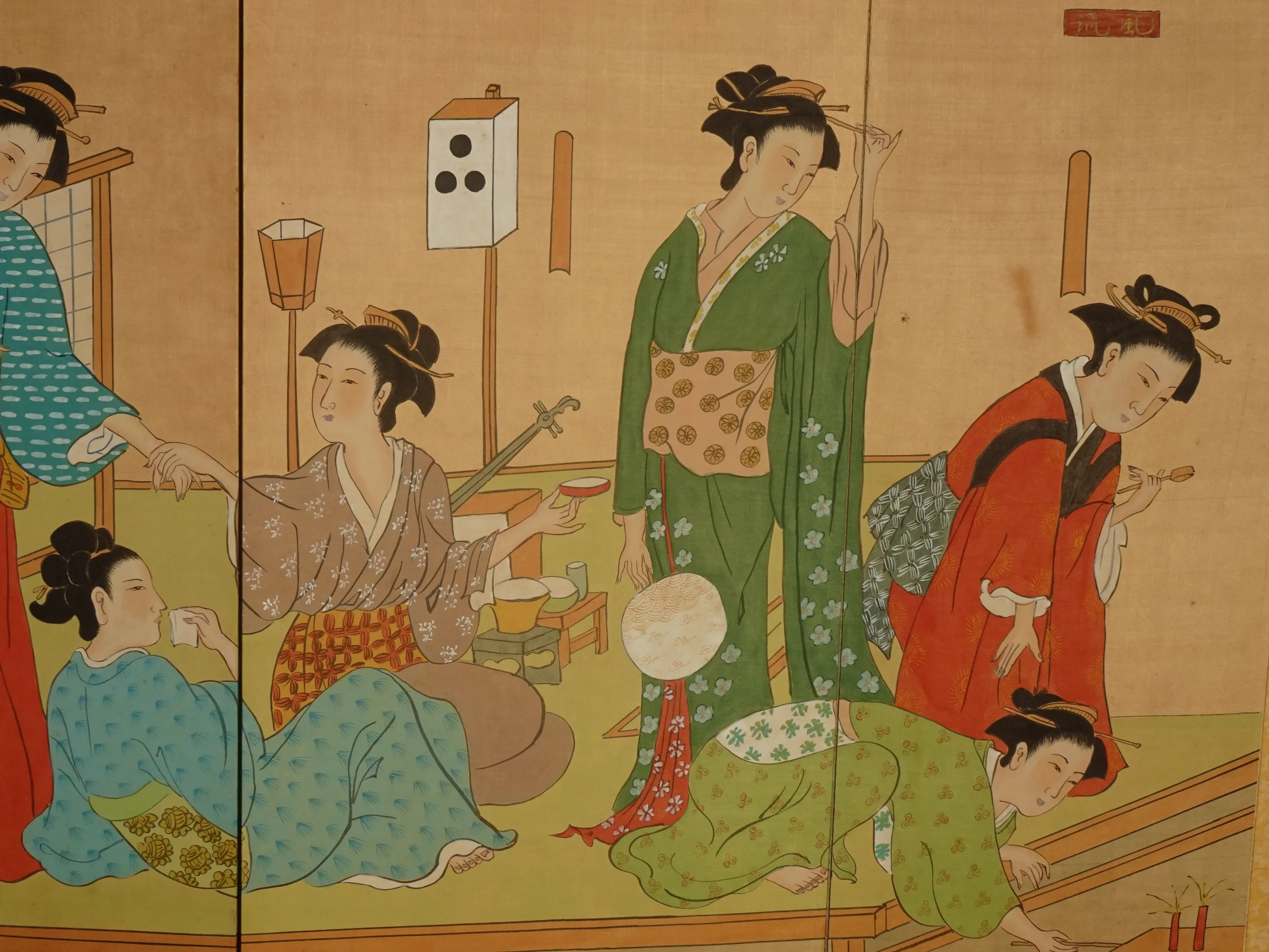 Vintage Japanese Oriental Asian Four Panel Wall Screen Picture W