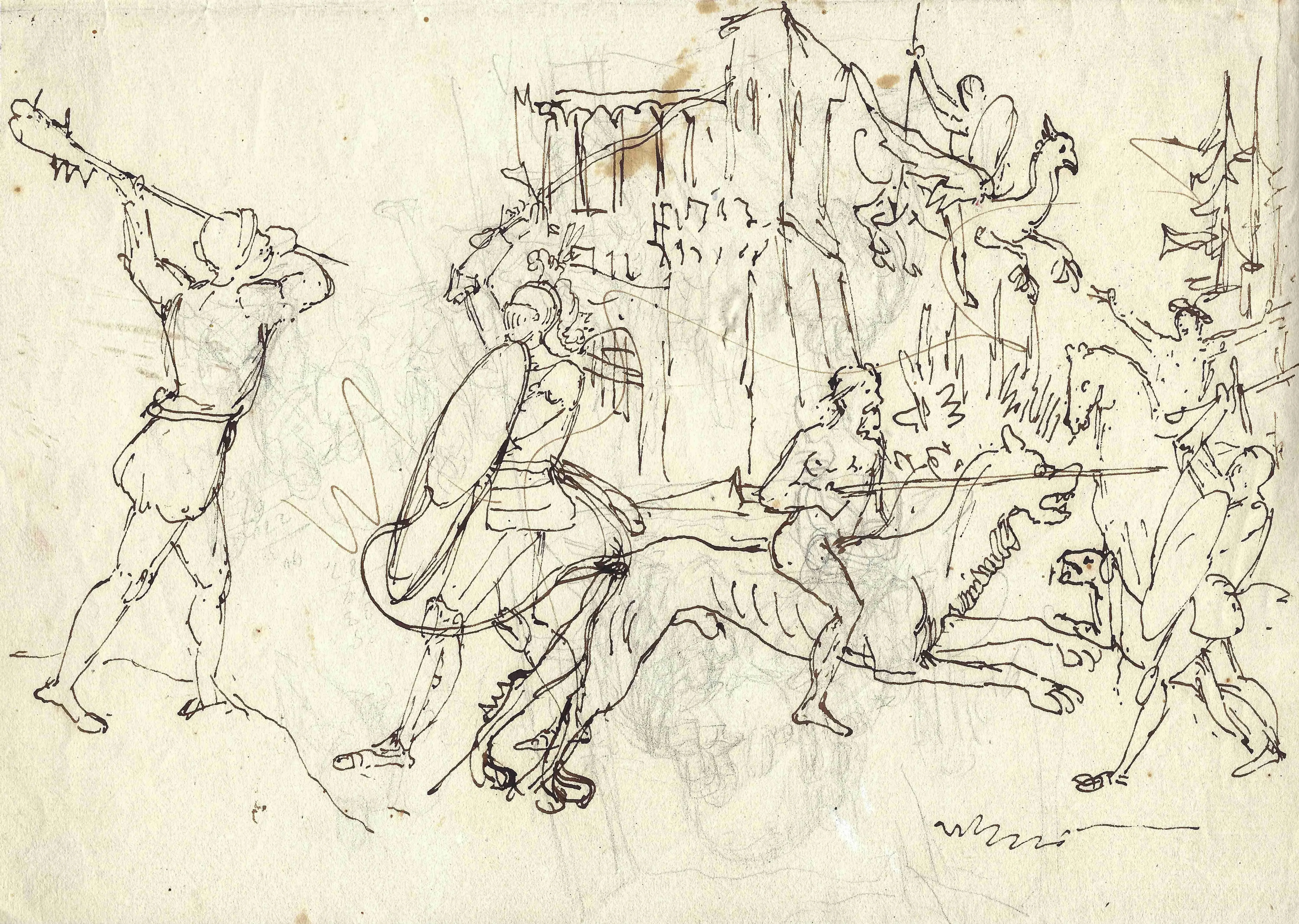 Mid 19th Century An Ink on Paper Sketch of Medieval Combat by
