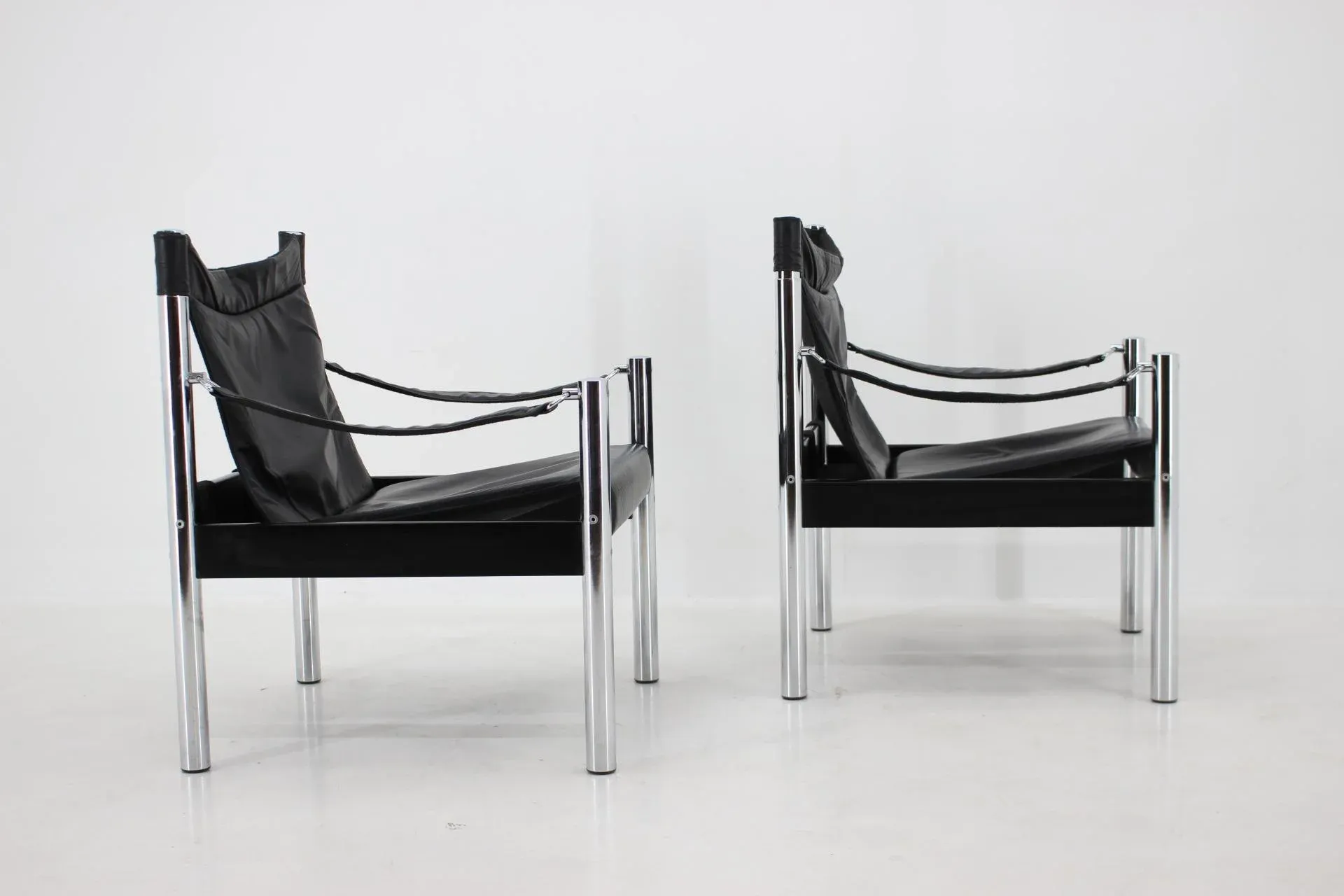 Set of Black Leather & Chrome Safari Chair by Johanson Design