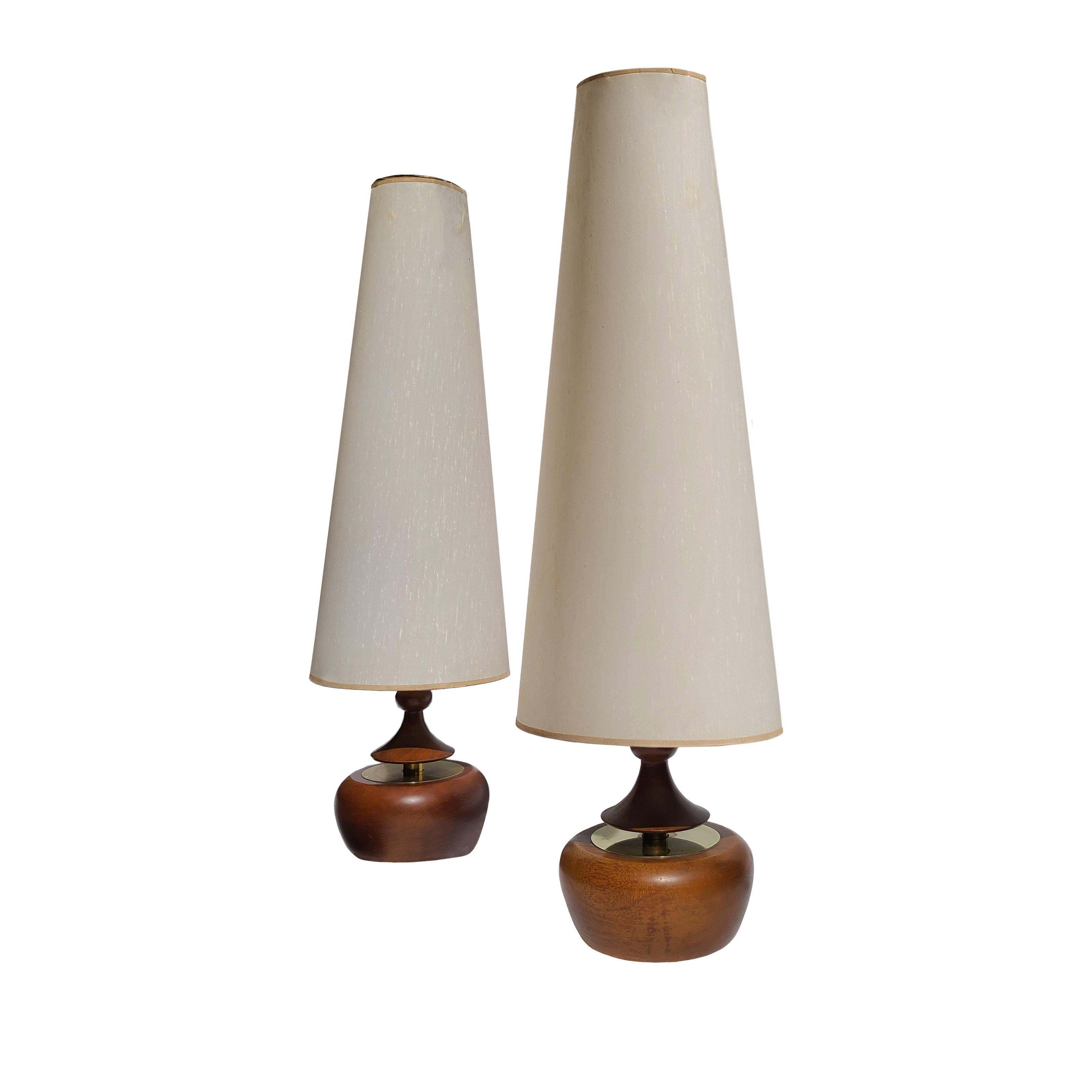Pair of Mid 20th Century Walnut & Brass Lamps With Original Shades