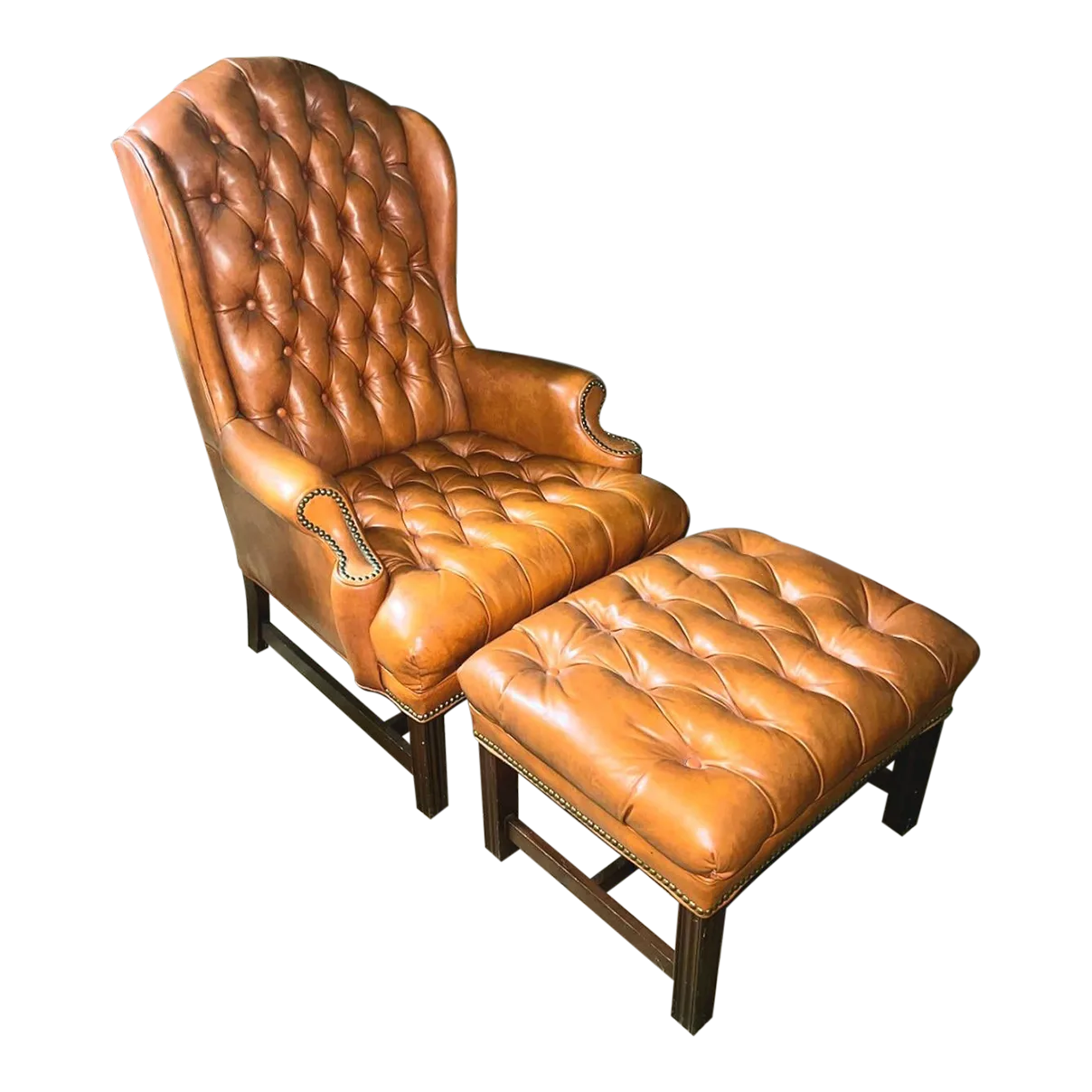 Vintage Leather Chesterfield Wingback Armchair and Matching Ottoman 2