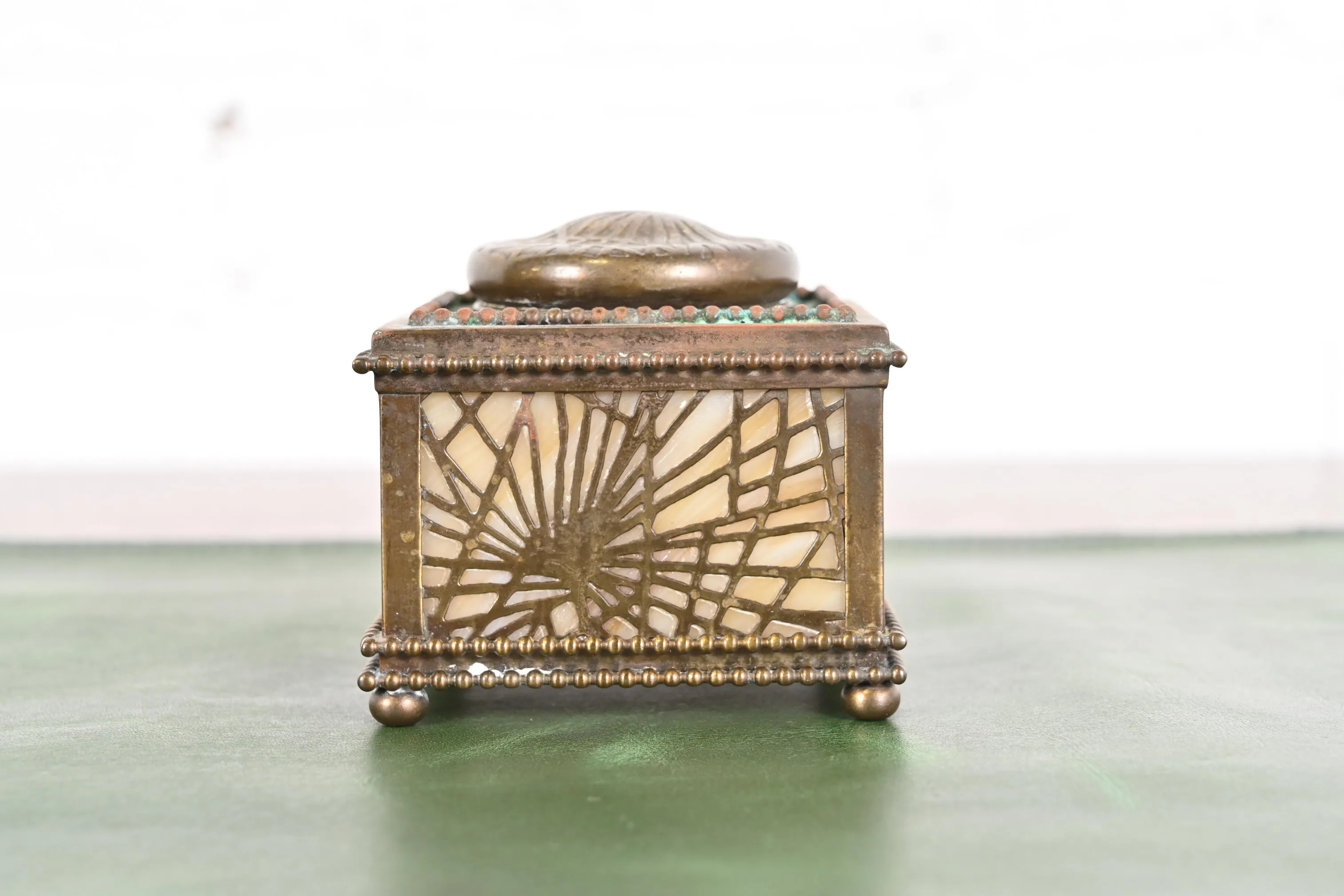 Tiffany Studios New York Pine Needle Bronze Doré and Slag Glass Inkwell