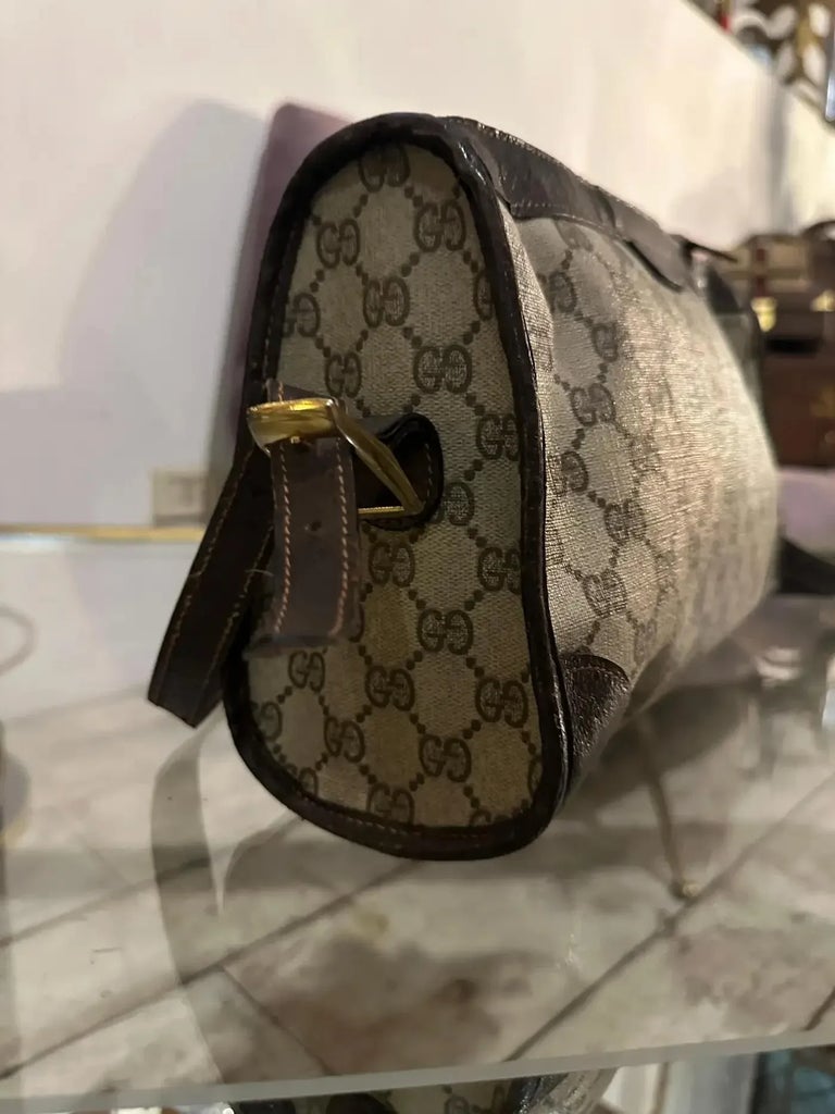 1970s Gucci Canvas and Leather Shoulder Bag With Gold Interlocking 