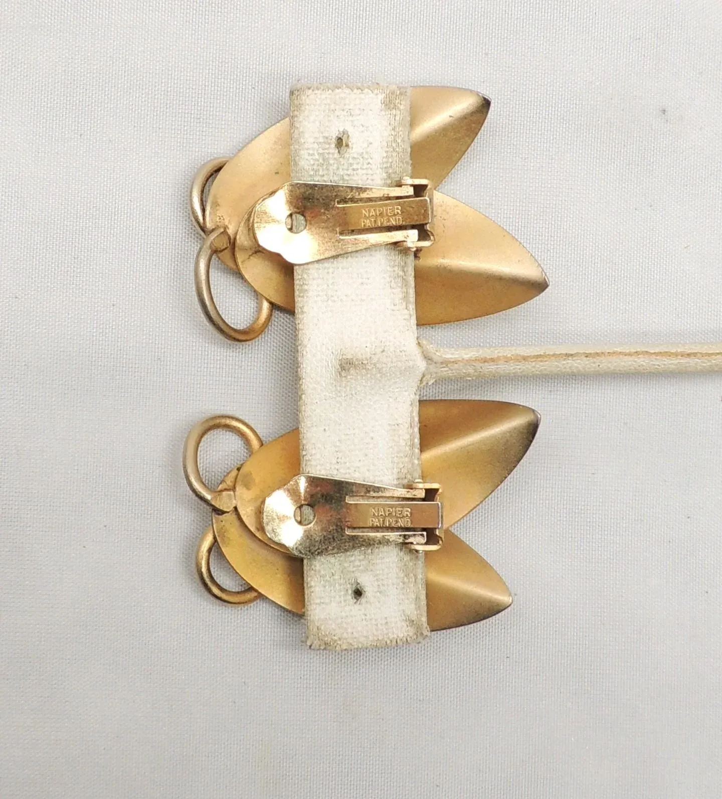 Vintage 1956 Signed Napier Goldtone Florentine Finish Leaves Clip Earrings - 2 Pieces