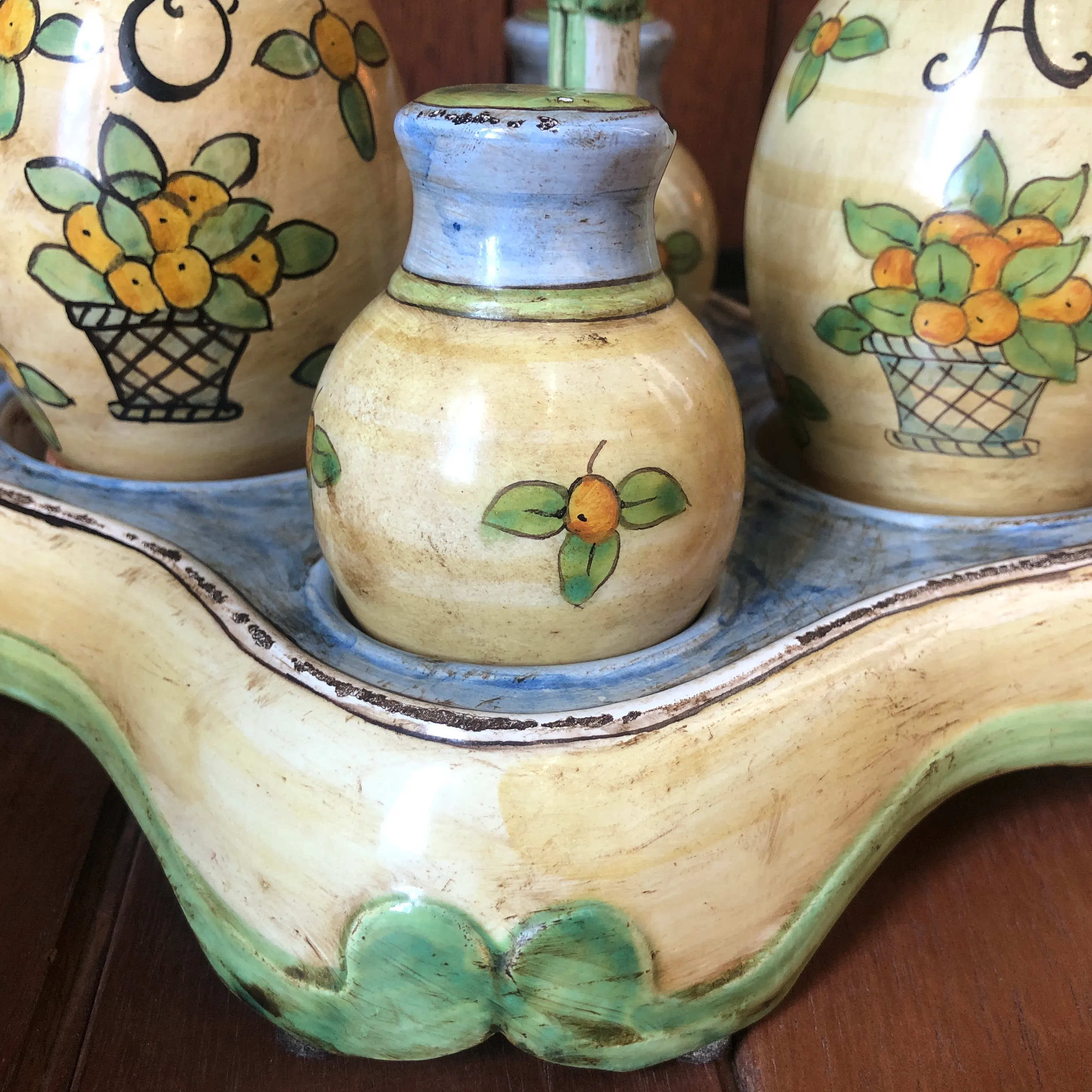 1990s Italian Hand Painted Ceramic Oil, Vinegar, Salt and Pepper Cestino