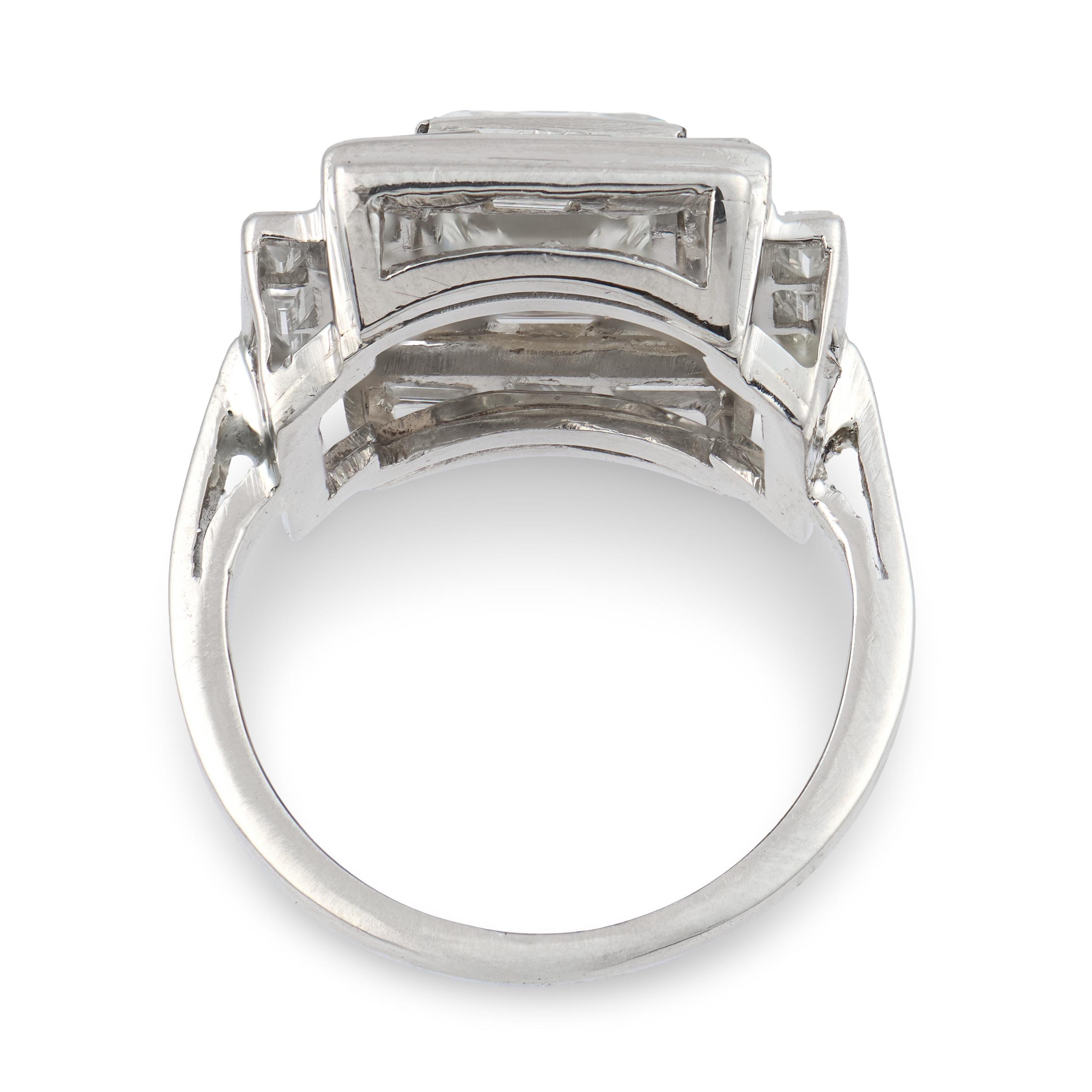 1950s Mid Century Gia 2.72 Carat Emerald Cut Diamond Platinum Cocktail Ring, Size 7.5