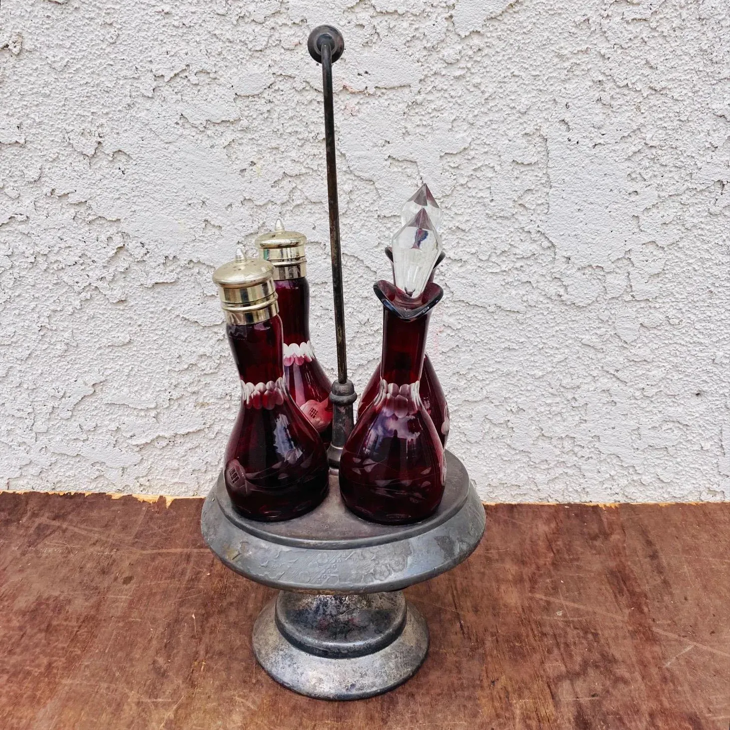 Late 1800s 4 Piece Ruby Etched Glass Cruet Set and Silver Plated  display picture 1