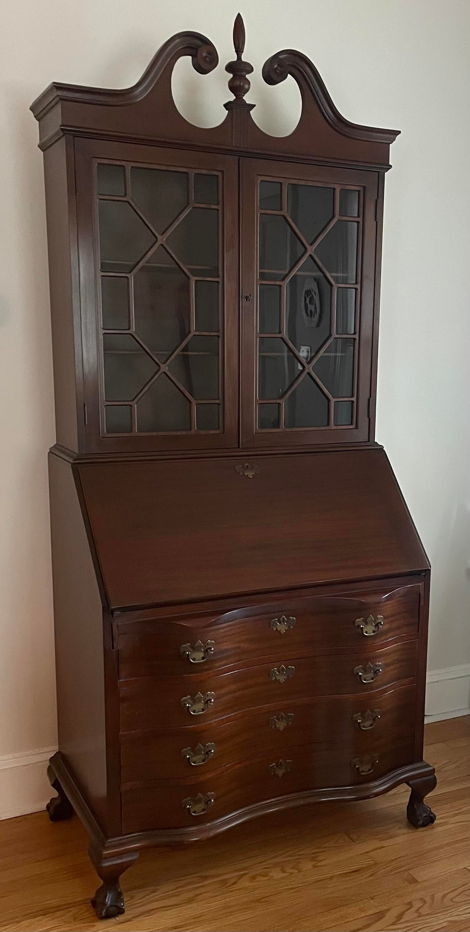 1910s Antique Maddox Governor Winthrop Mahogany Secretary Desk With Ball and Claw Feet