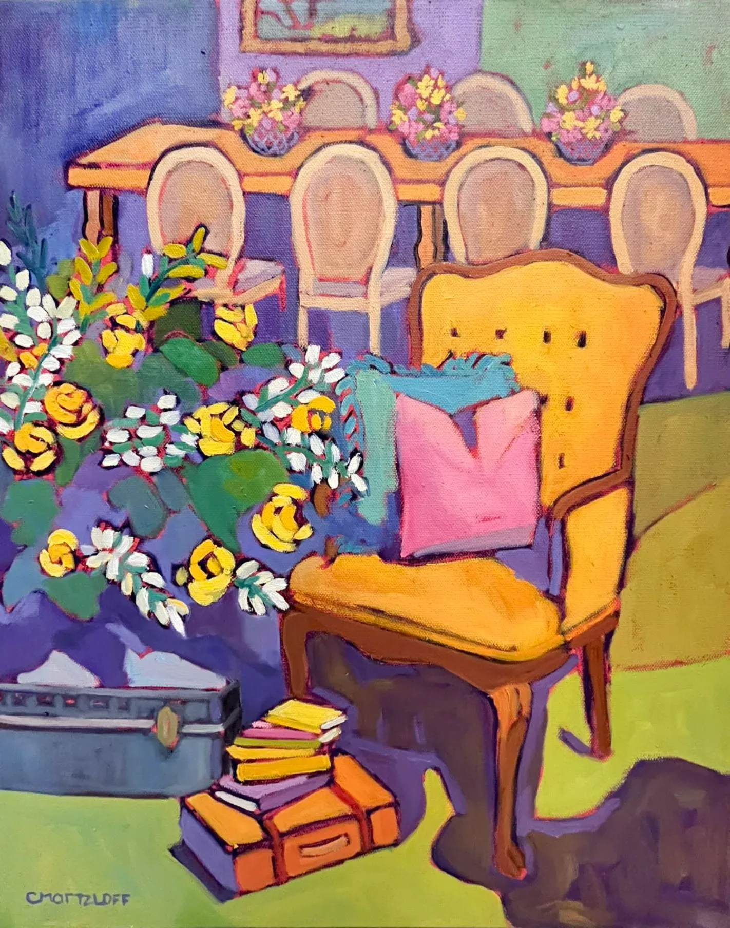 The Guest Room – Colorful Interior Oil Painting With Vintage Chair & Floral DetailVenetian School Artist, Architectural Capriccio with Figures, 1760, Oil on Canvas, Framed