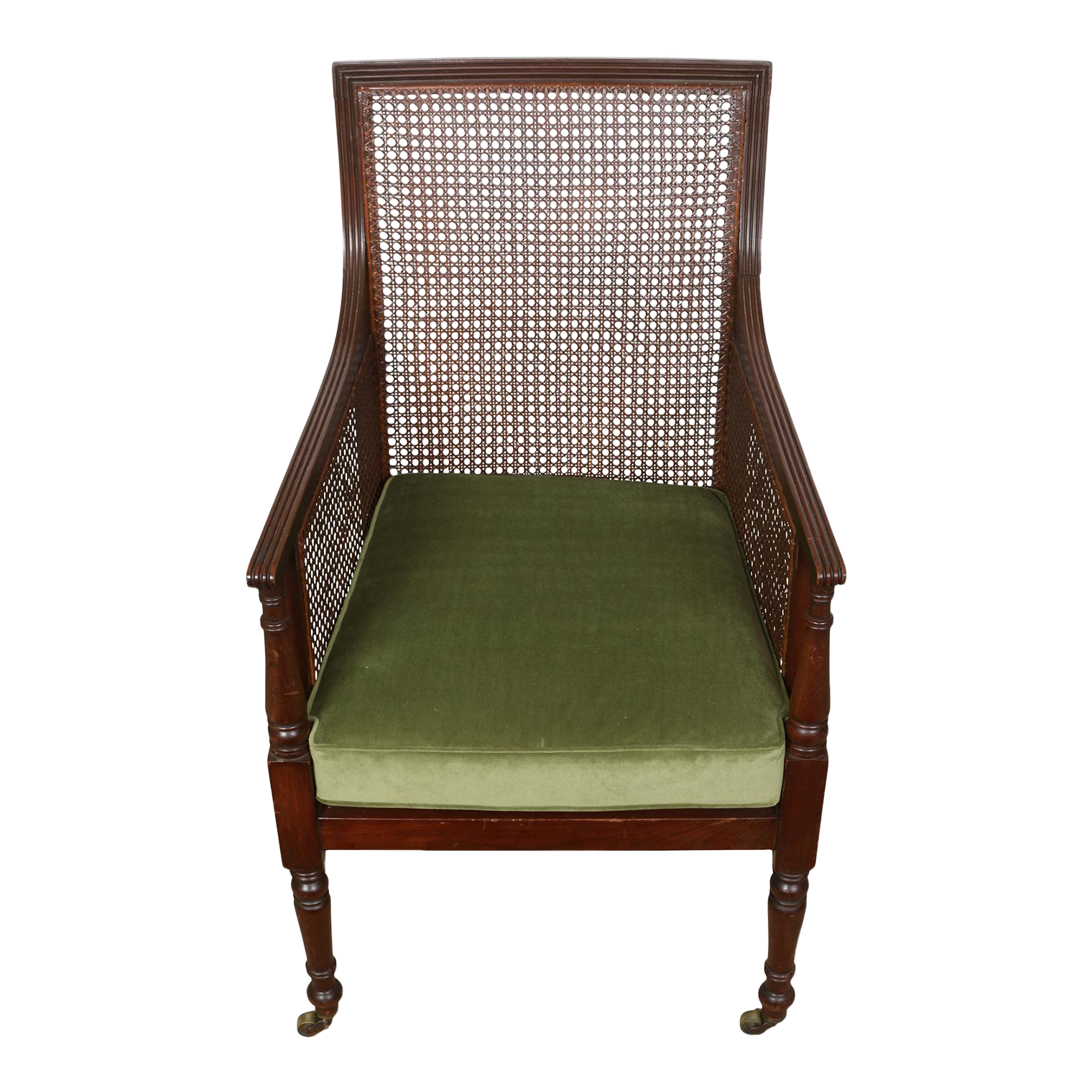 Regency Style Caned Library Chair With Green Velvet Seat Chairish
