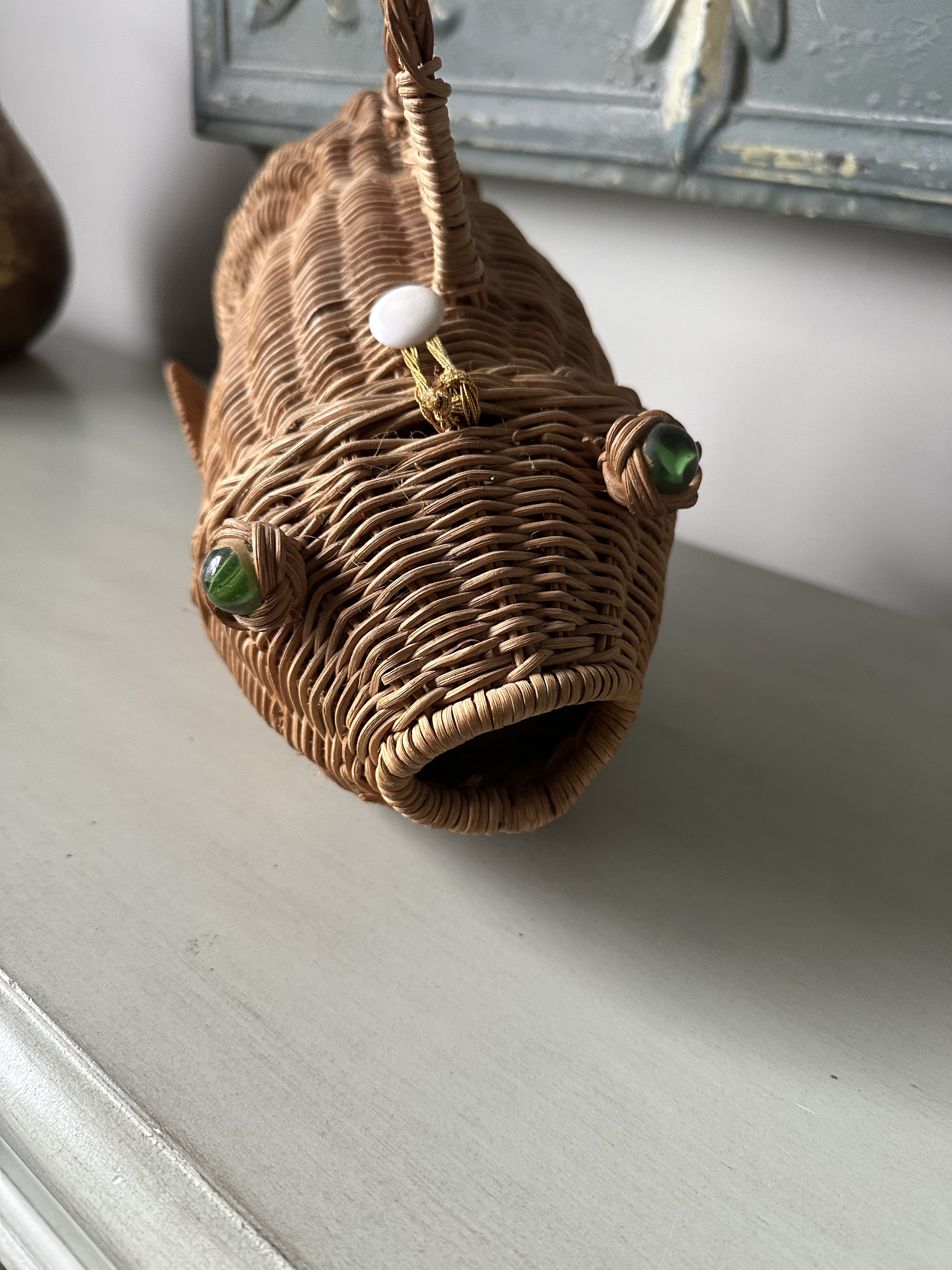 Wicker Basket Wicker Fish Purse Mid 20th Century Vintage Wicker Fish Purse  Basket Green Marble