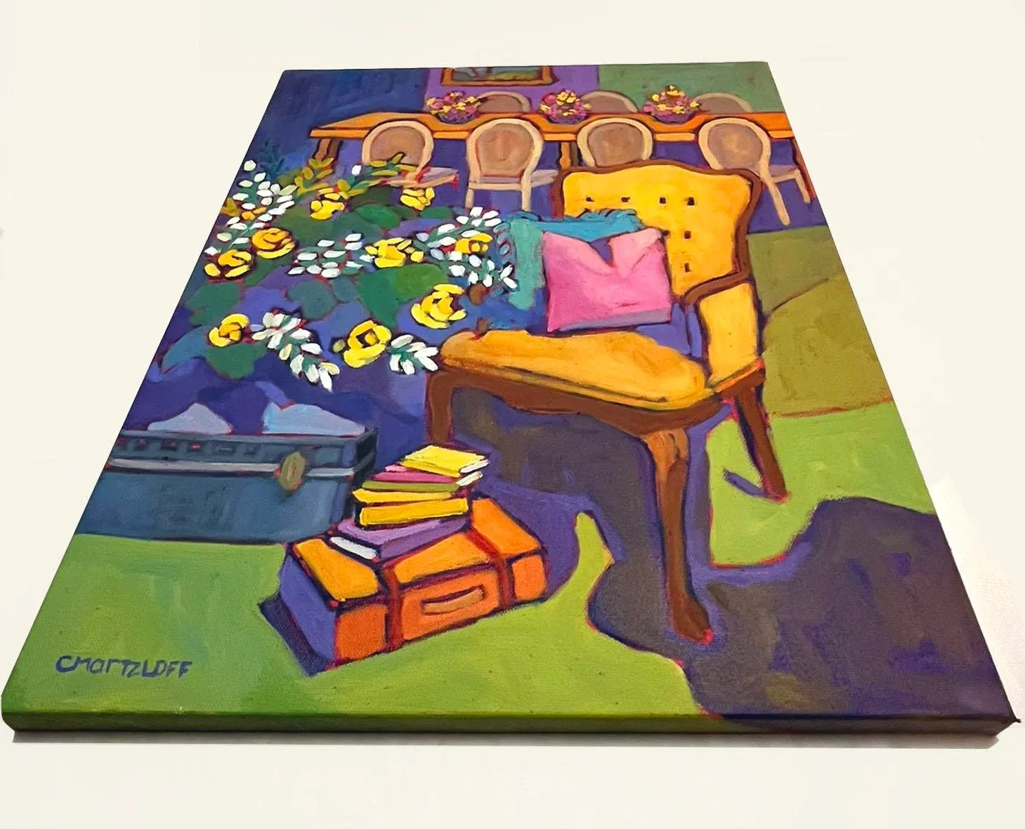 The Guest Room – Colorful Interior Oil Painting With Vintage Chair & Floral DetailVenetian School Artist, Architectural Capriccio with Figures, 1760, Oil on Canvas, Framed