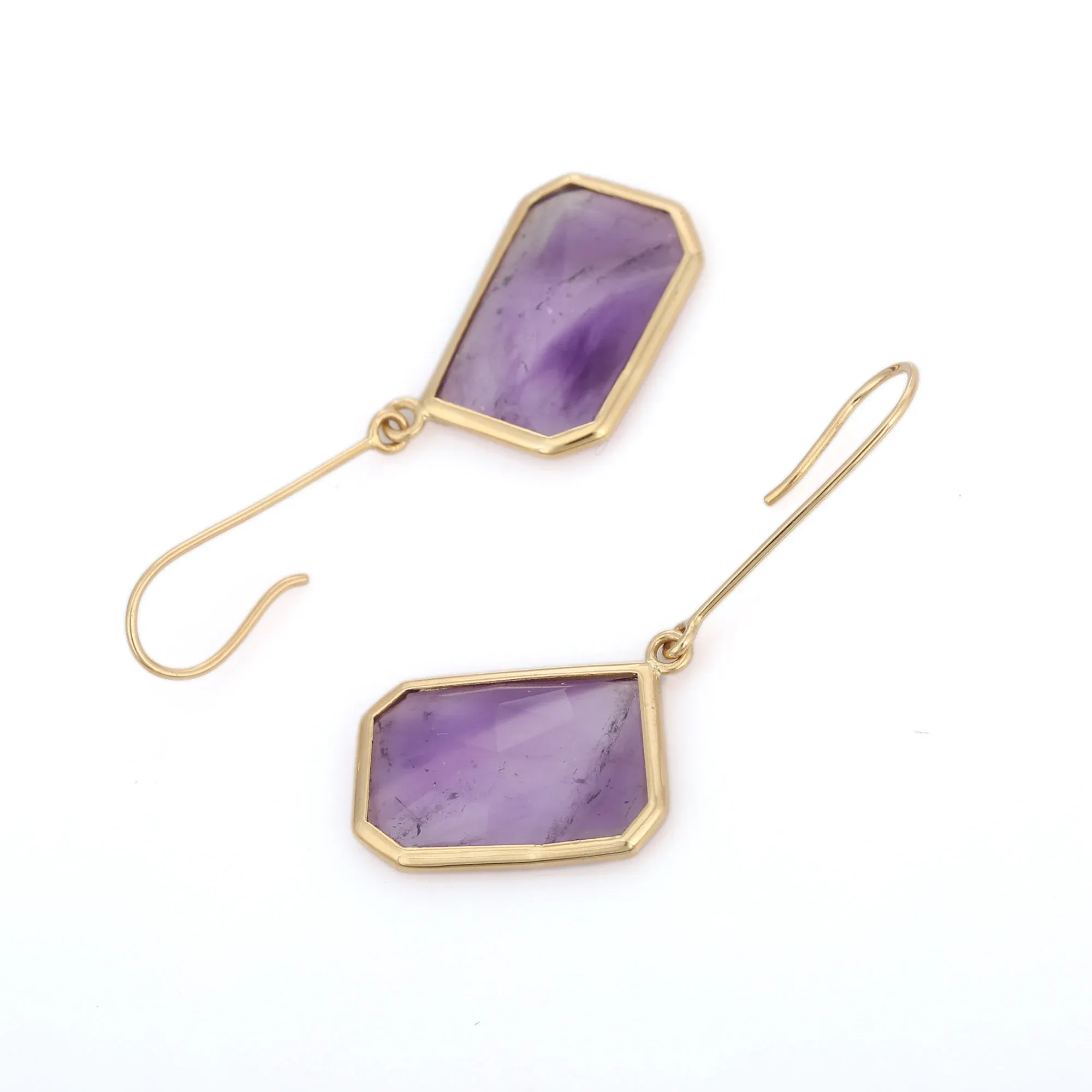 18k Solid Yellow Gold Uneven Cut Amethyst Dangle Earrings - 2 Pieces