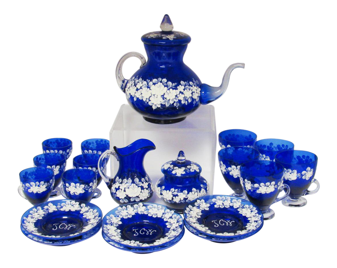 Vintage Murano Cobalt Blue Glass Teapot Coffee Pot Cups Serving Set