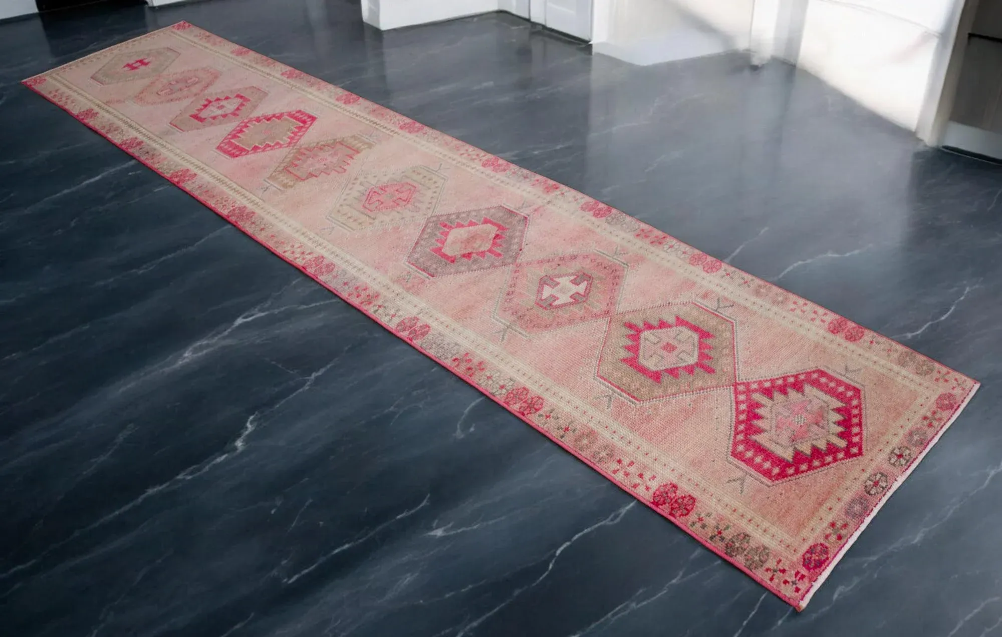 Hand-Knotted Turkish Runner Rug . Low Pile Hallway Decor Runner Rug 2′9″ × 12′10″12 wooden toddler puzzels