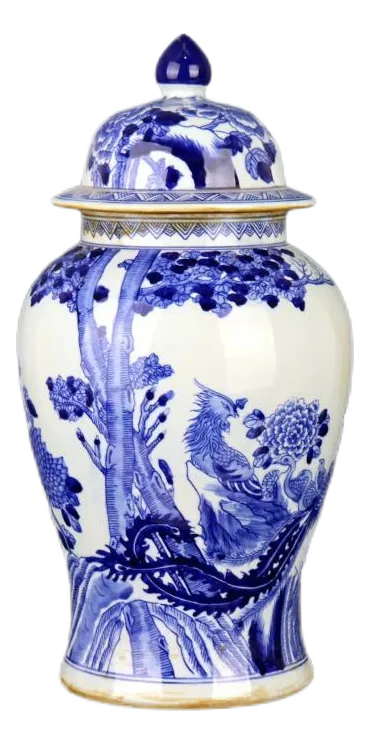 Antique Chinese Ceramic Pot Qing Dynasty Kangxi Marked Blue and White Porcelain Ginger Jar Hand Painted Flowers and Birds Pattern