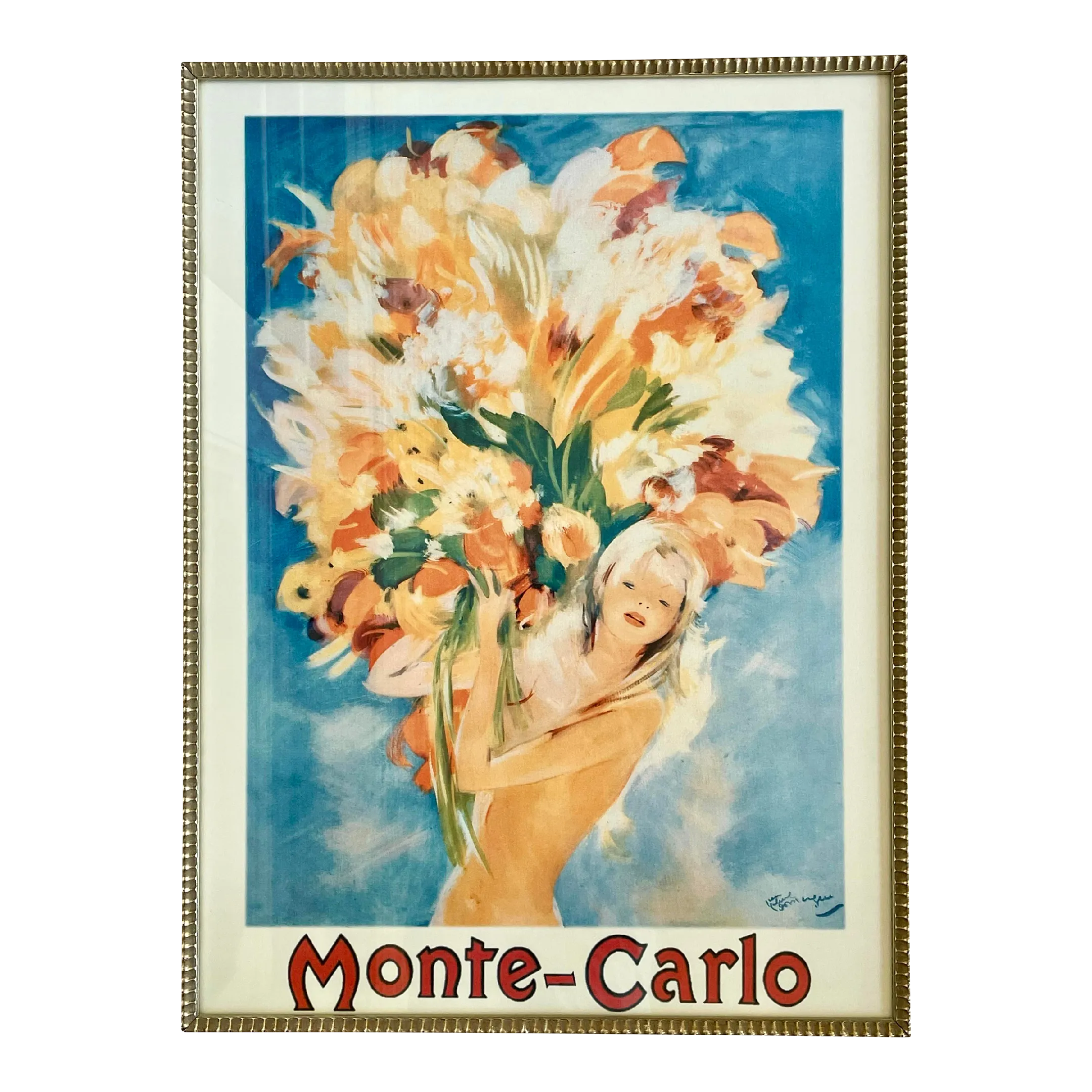 Framed Monte-Carlo Travel Poster Featuring Girl With Flowers by Jean Gabriel Domergue