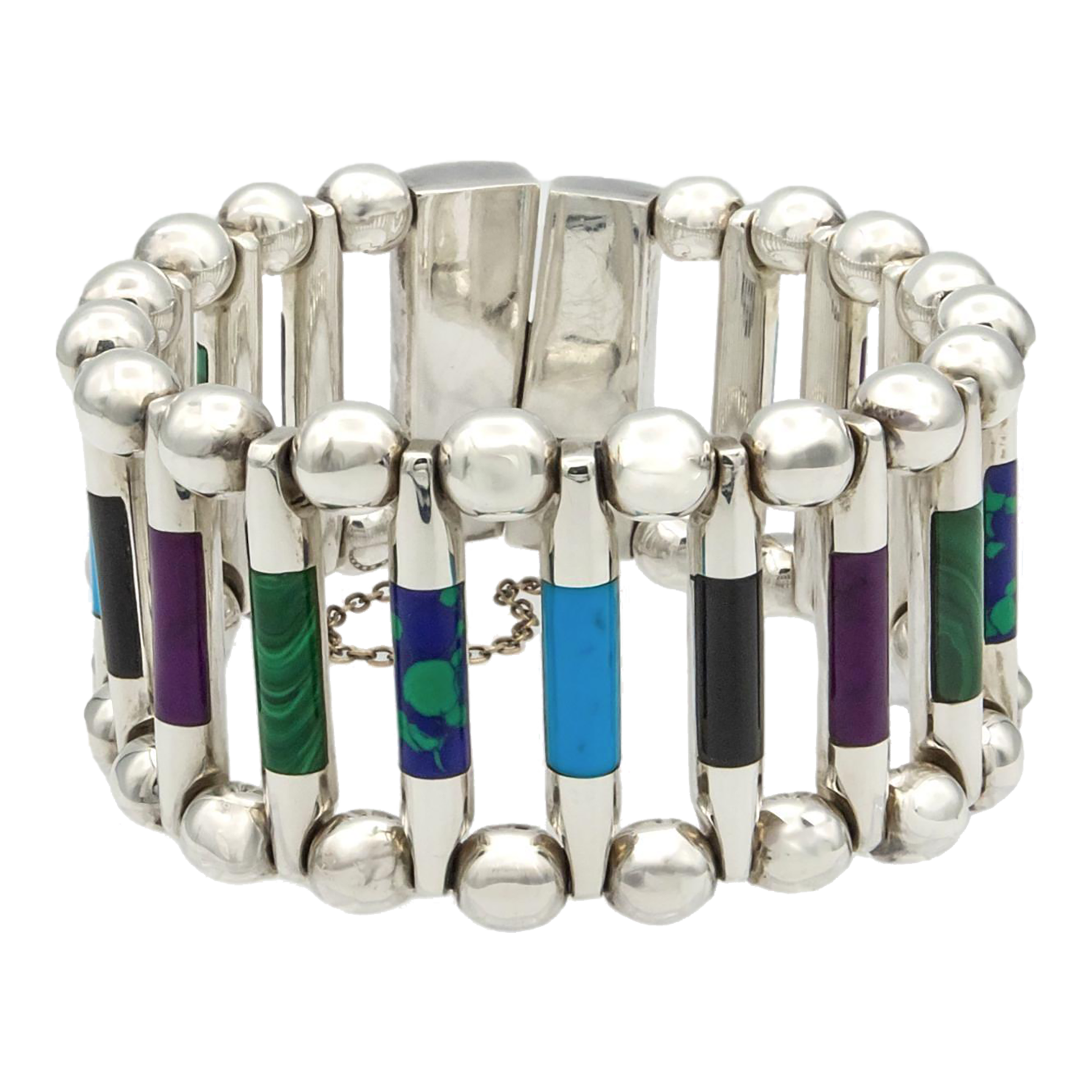 Vintage Tuka Mexican Modernist Silver Gemstone Inlay Bracelet, 1970s, 7.5\