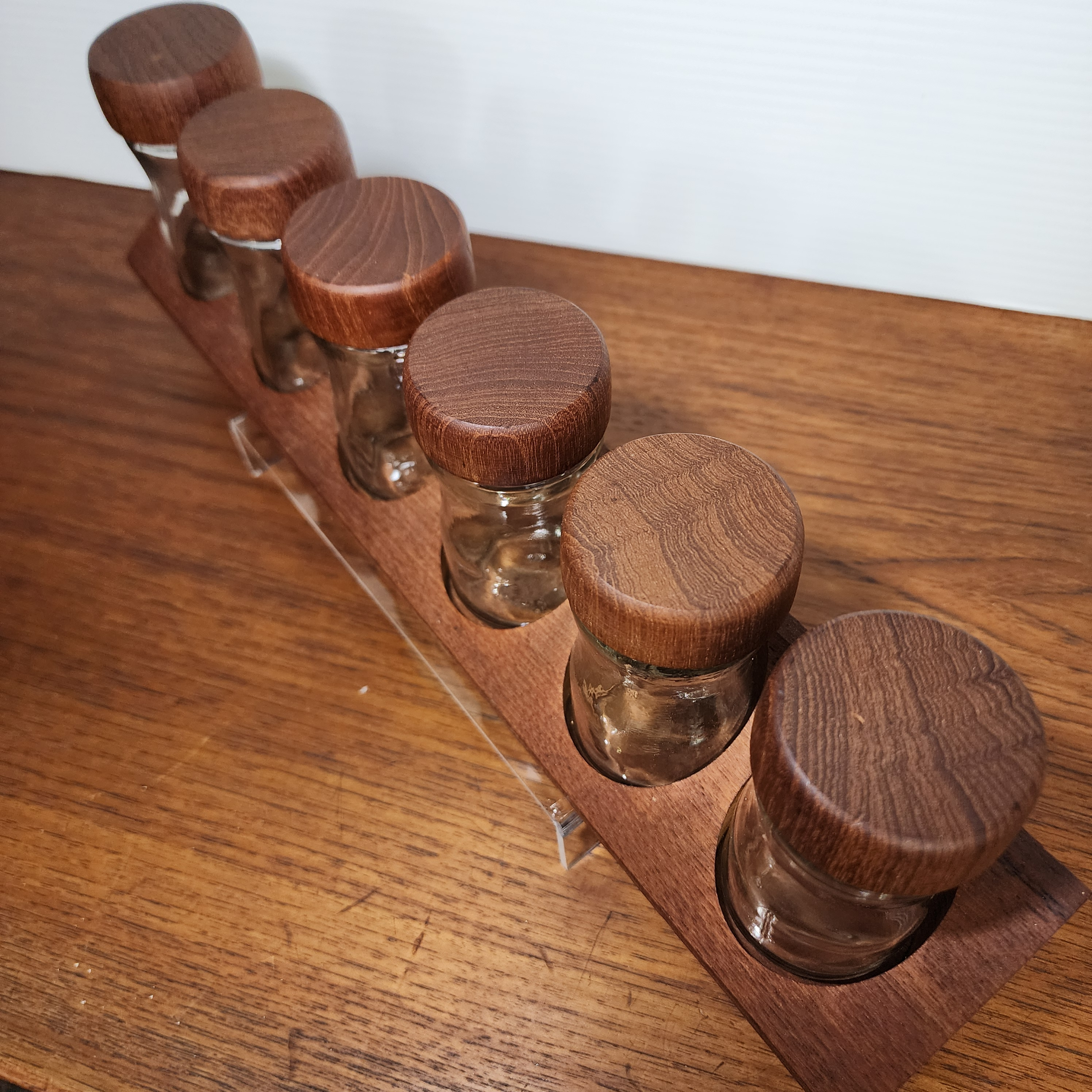Vintage Mid-Century Modern Digsmed Teak Spice Rack & Jars- Set of